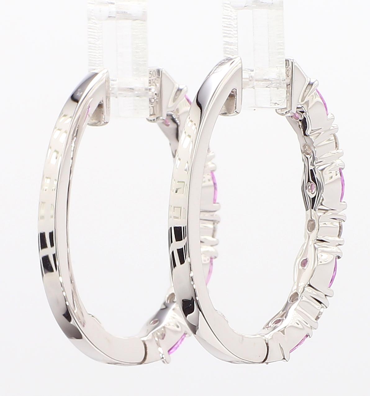 Natural Pink Round Sapphire and White Diamond 2.40 Carat TW Gold Hoop Earrings