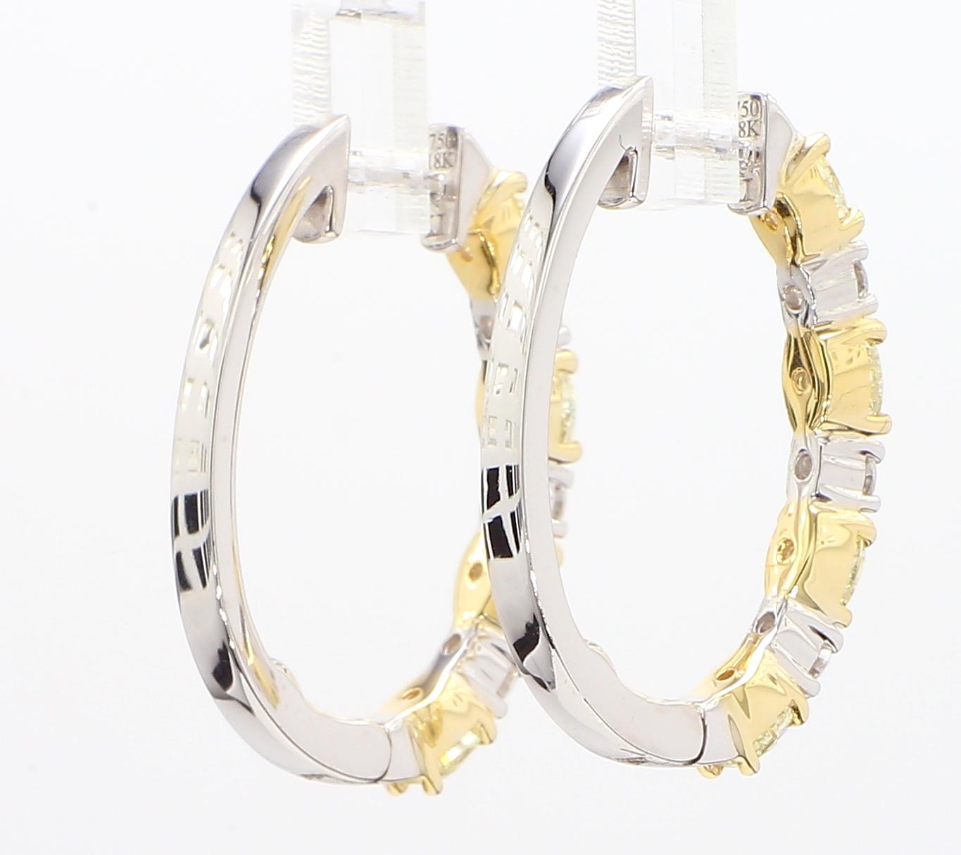 Natural Yellow Oval Diamond 2.40 Carat TW Gold Hoop Earrings