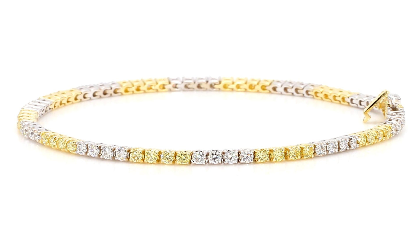 Natural Yellow Round and White Diamond 2.33 Carat TW Gold Tennis Bracelet