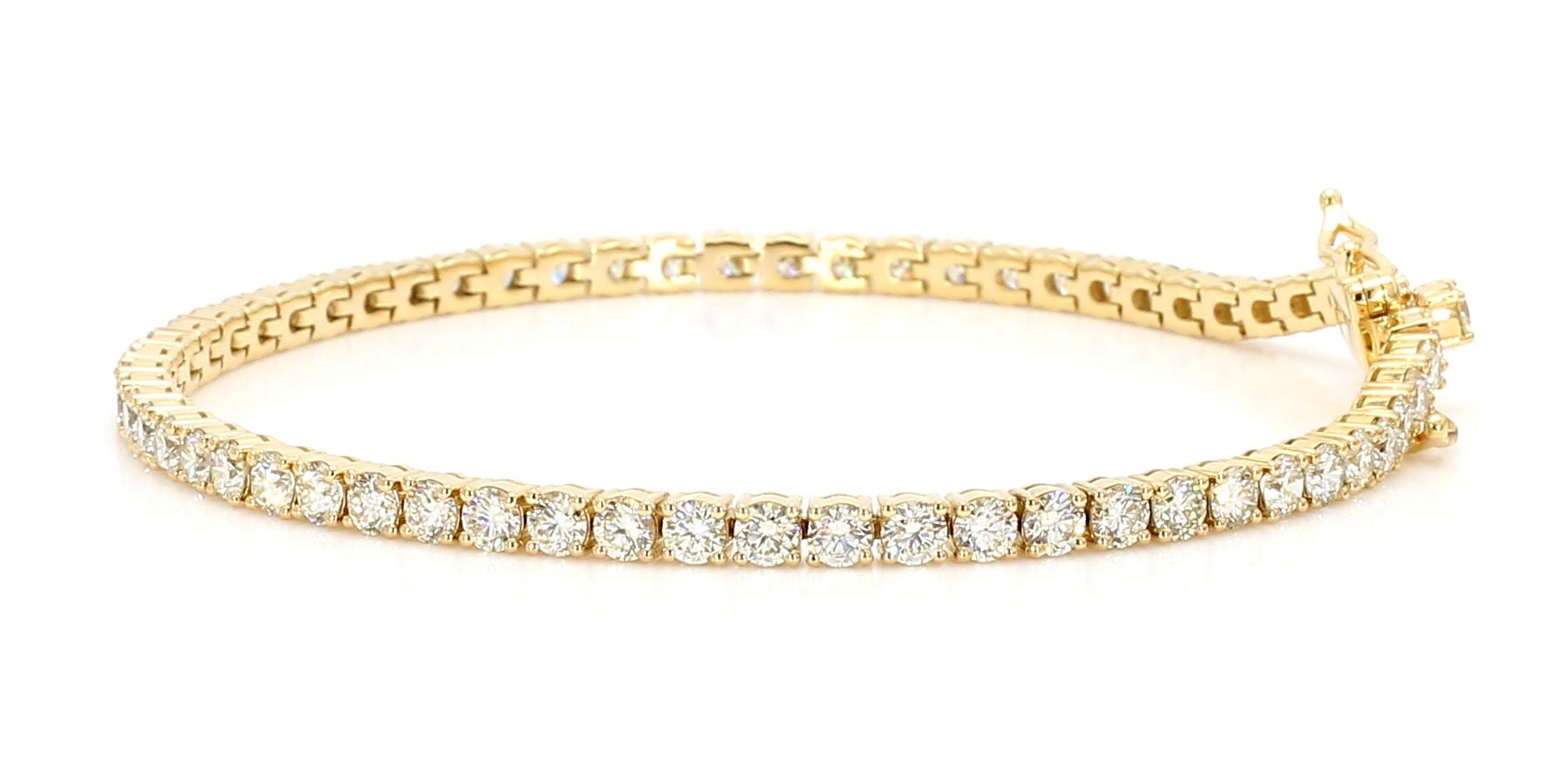 Natural White Round Diamond 4.98 Carat TW Yellow Gold Tennis Bracelet