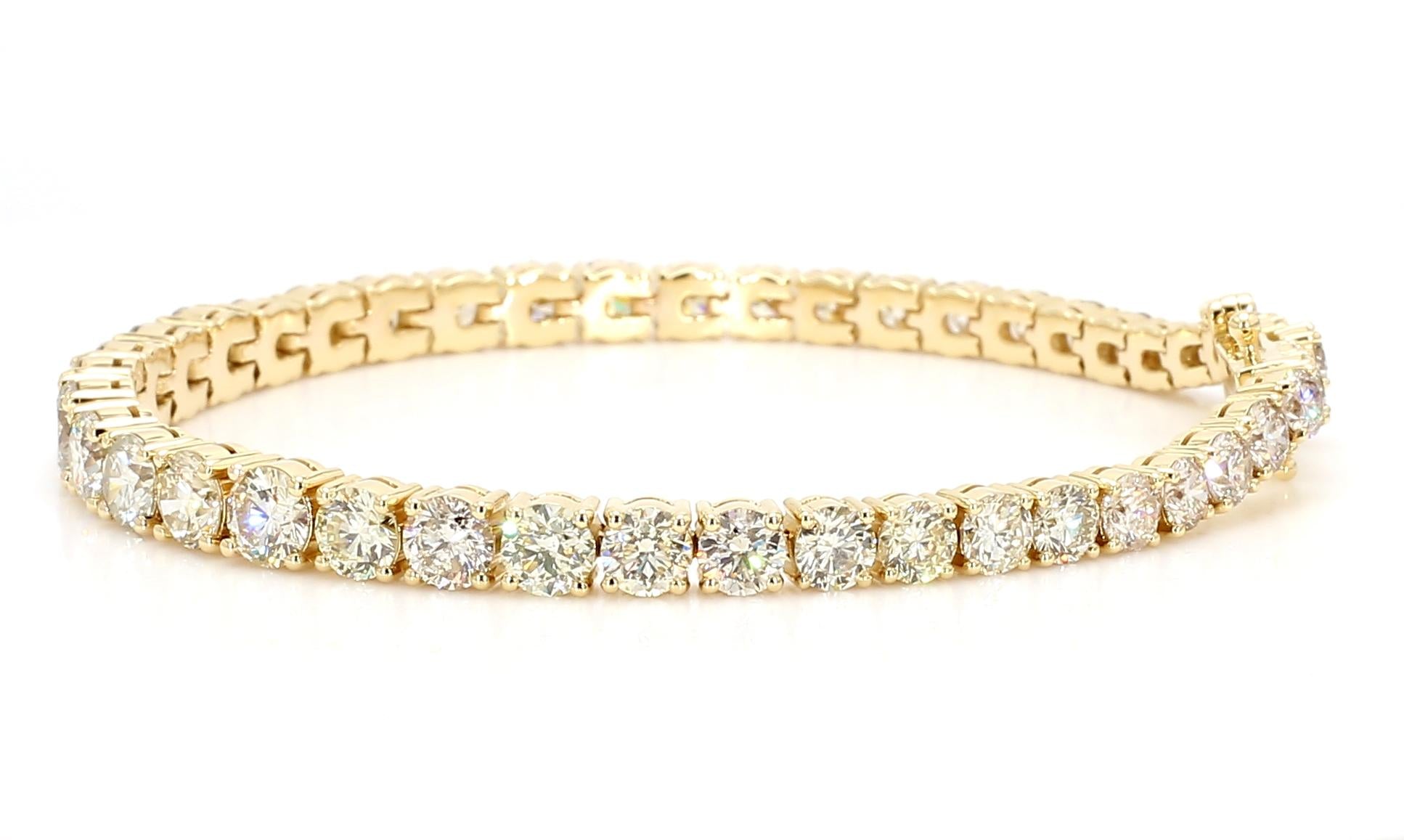 Natural White Round Diamond 10.95 Carat TW Yellow Gold Tennis Bracelet