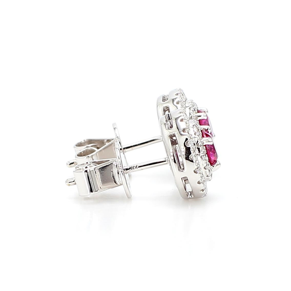 Natural Red Round Ruby and White Diamond 1.02 Carat TW White Gold Stud Earrings