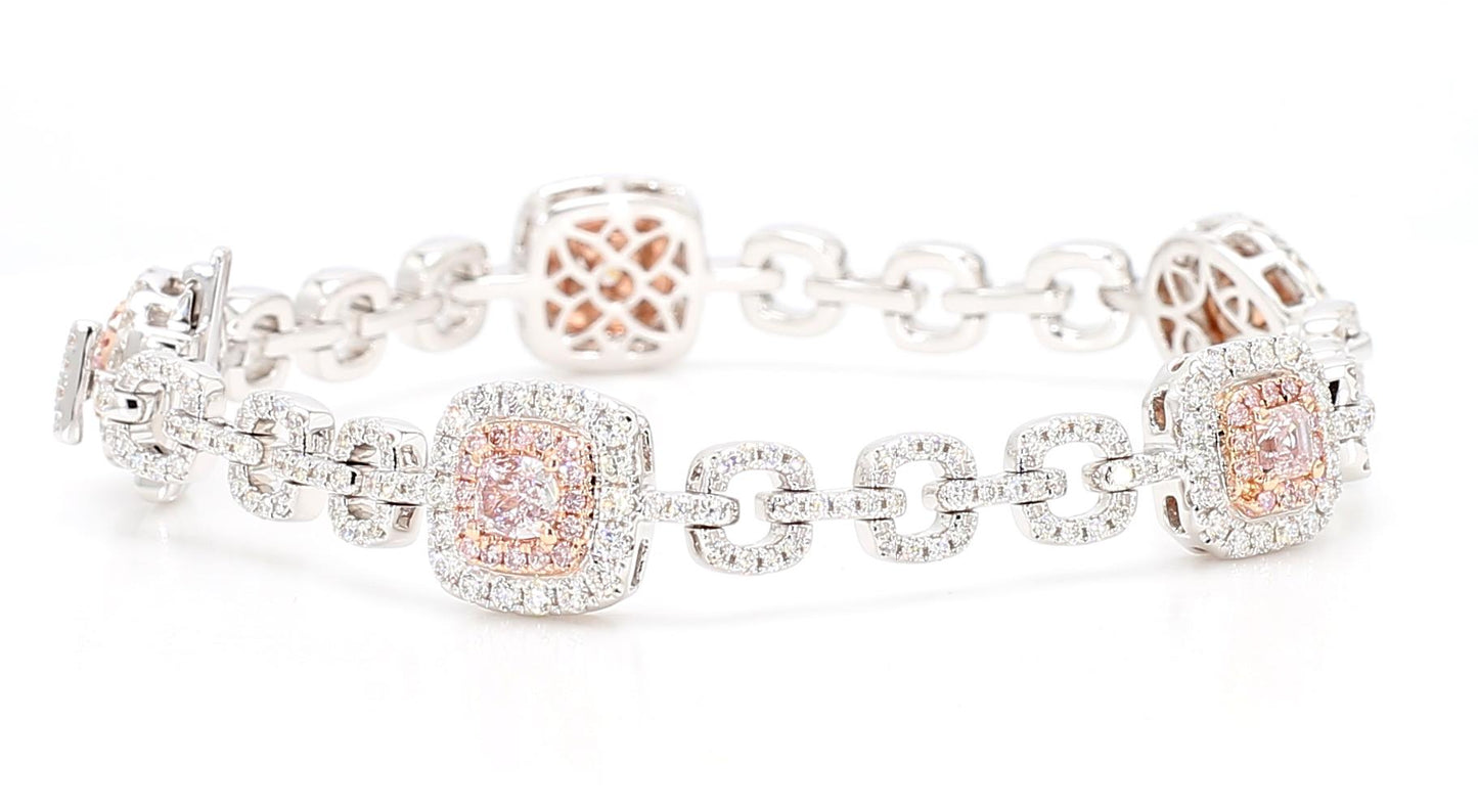 GIA Certified Fancy Pink Diamond 4.13 Carat TW Gold Tennis Bracelet