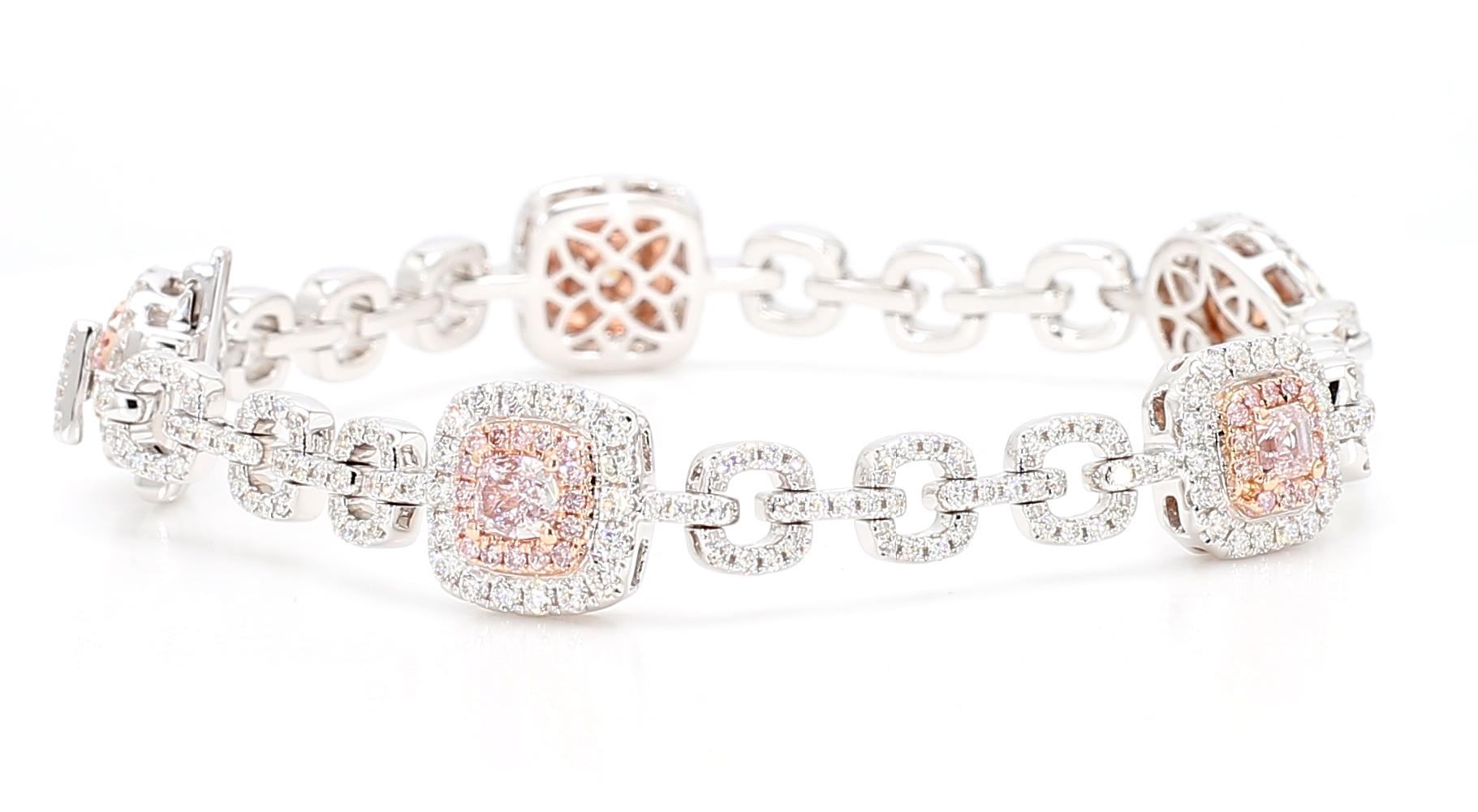 GIA Certified Fancy Pink Diamond 4.13 Carat TW Gold Tennis Bracelet