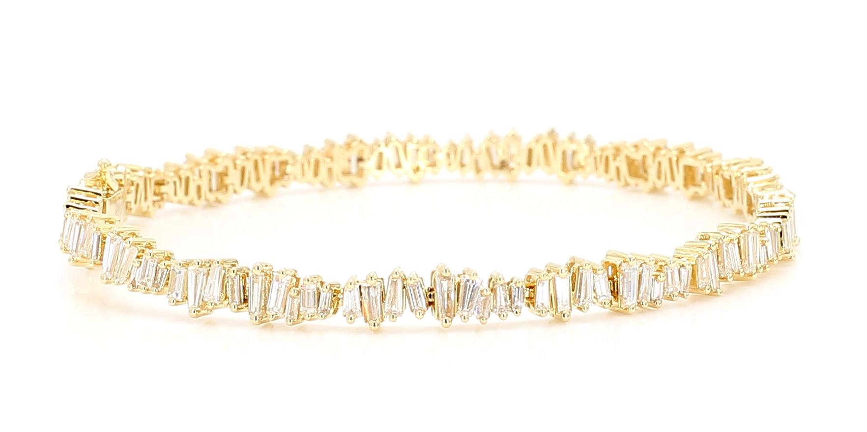 Natural White Baguette Diamond 3.03 Carat TW Yellow Gold Tennis Bracelet