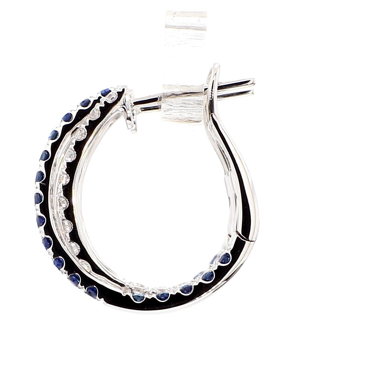 Natural Blue Round Sapphire and Diamond 1.39 Carat TW Gold Hoop Earrings