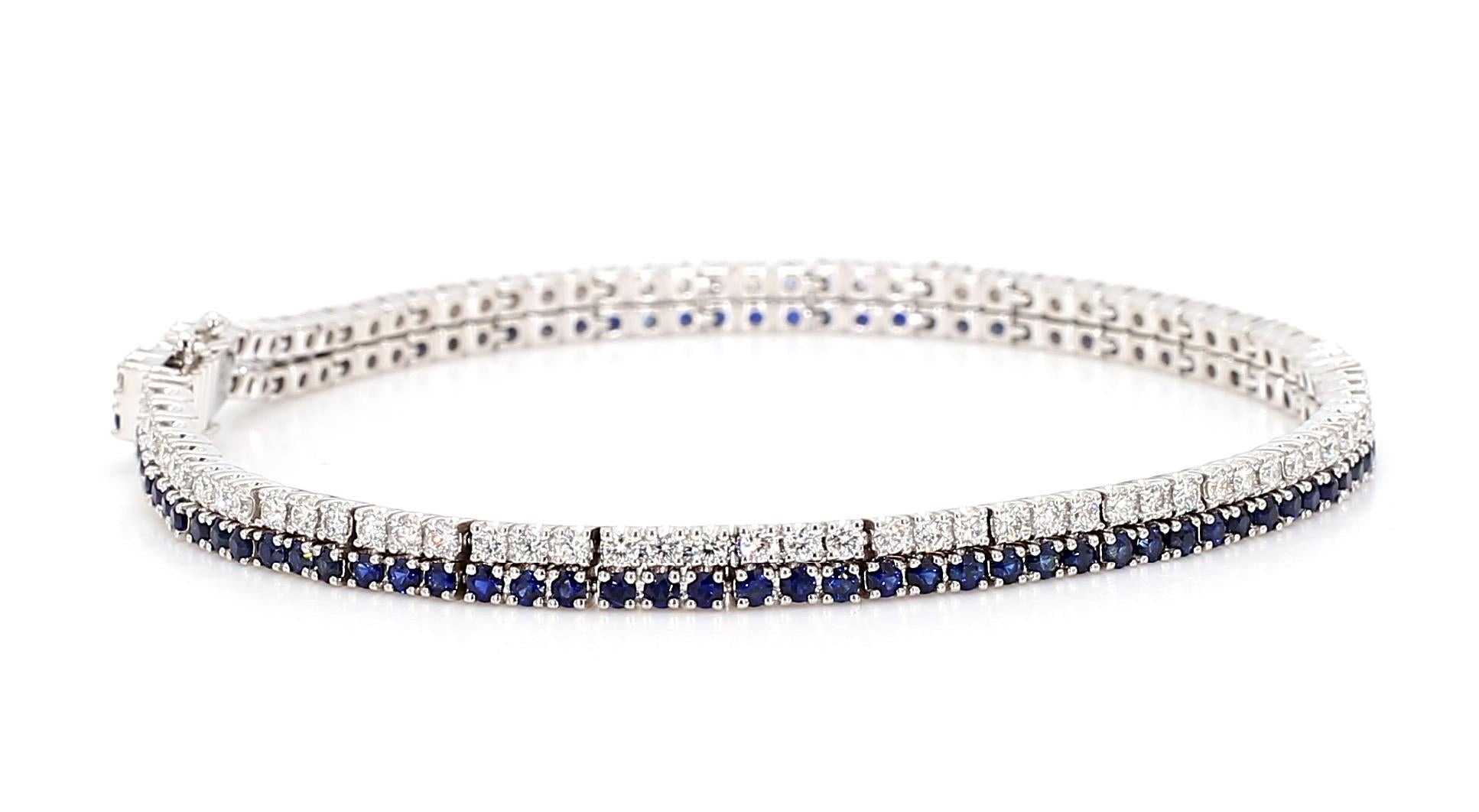 Natural Blue Round Sapphire and White Diamond 3.49 Carat TW Gold Tennis Bracelet