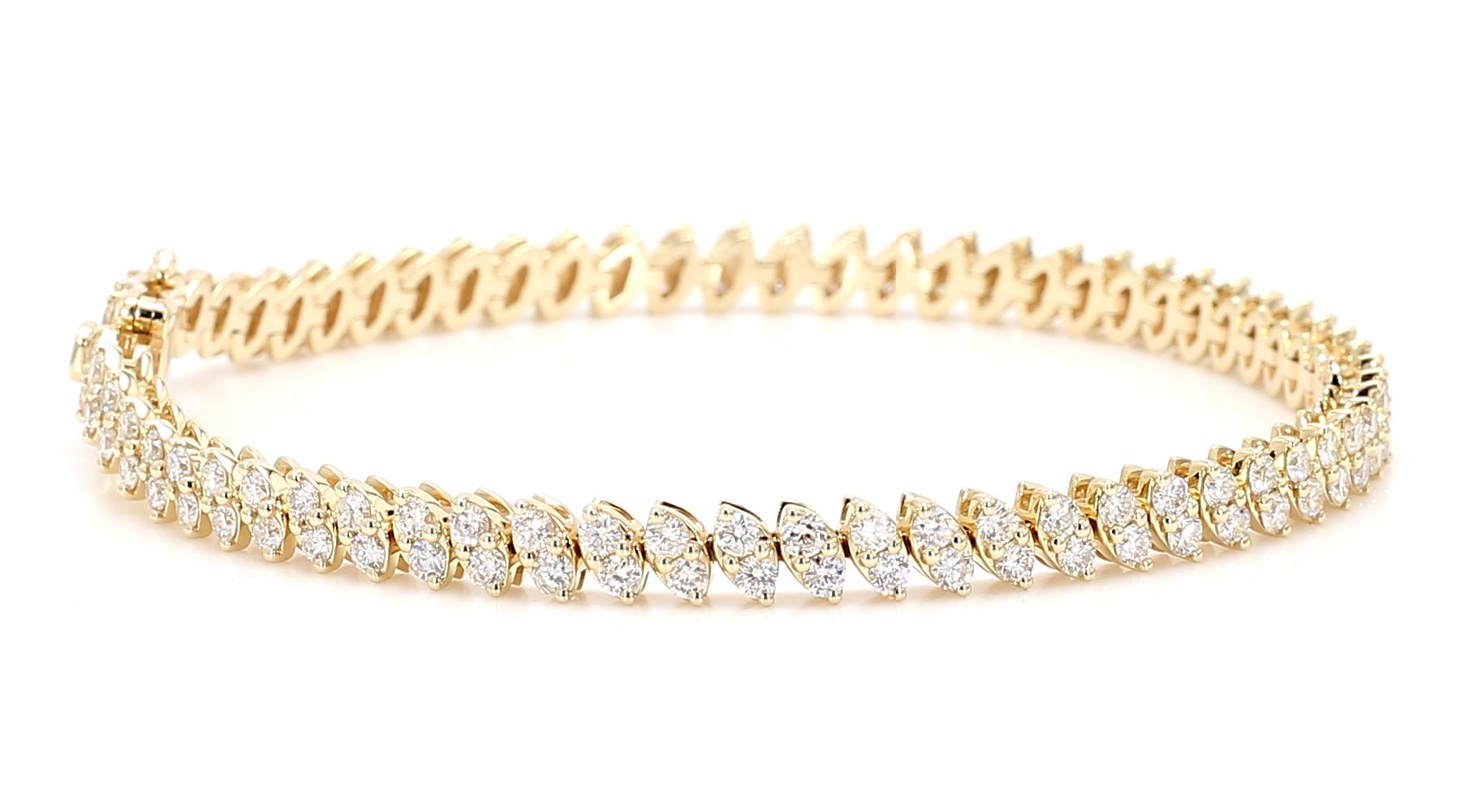 Natural White Round Diamond 3.40 Carat TW Yellow Gold Tennis Bracelet