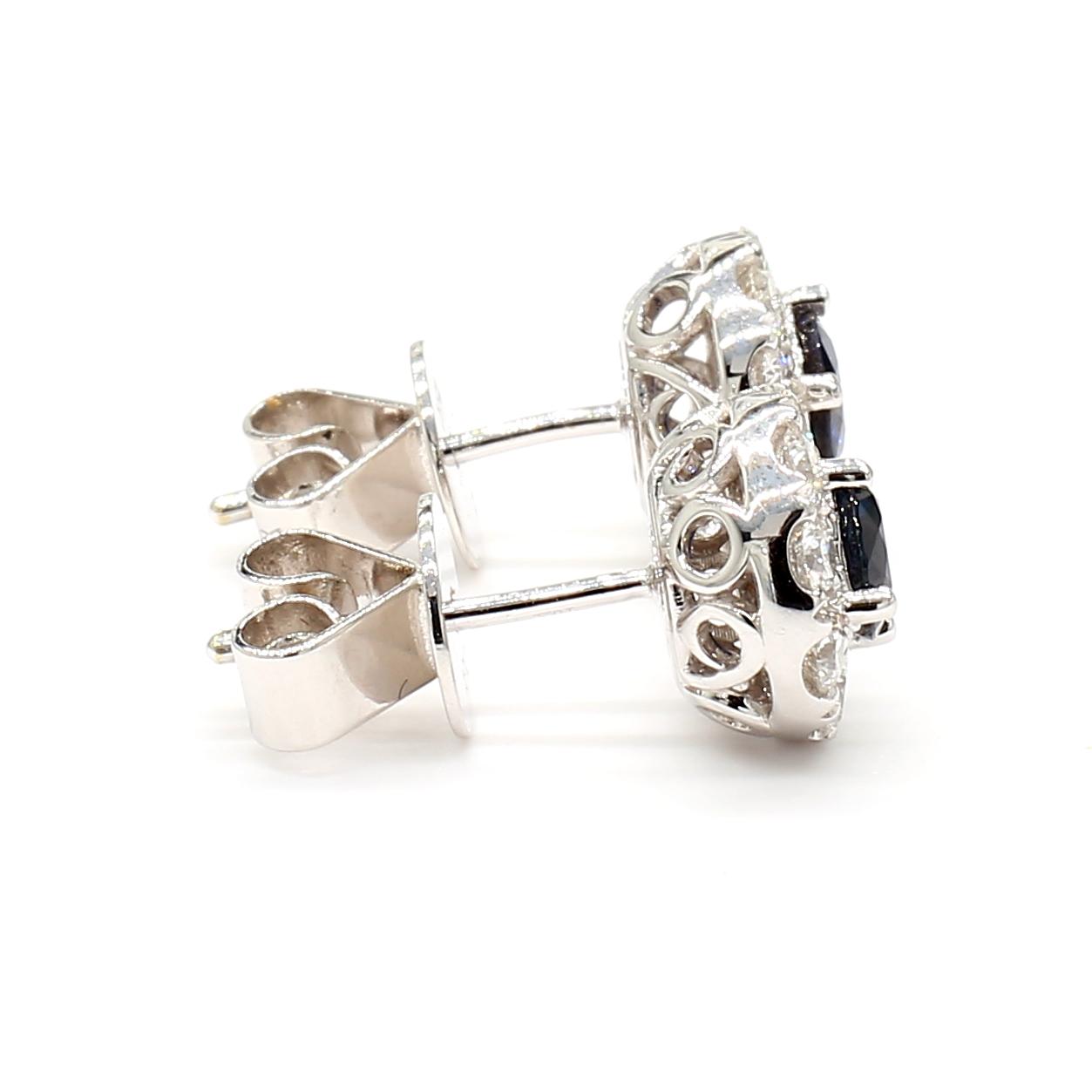 Natural Blue Round Sapphire and Diamond 1.36 Carat TW Gold Stud Earrings