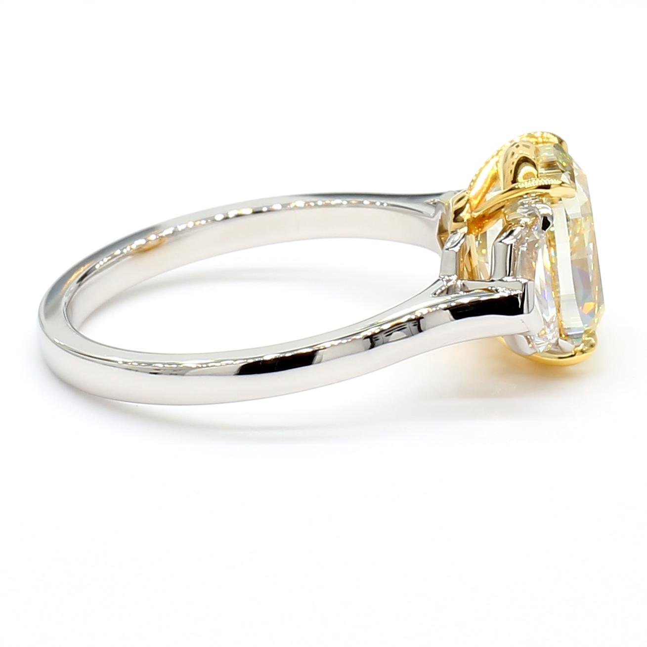 GIA Certified Fancy Light Yellow Cushion Diamond 3.66 Carat TW Platinum Ring
