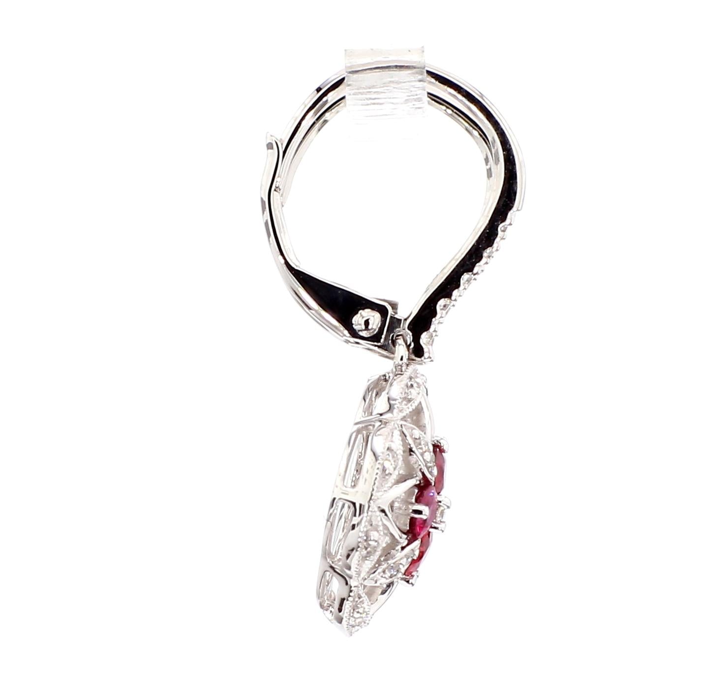 Natural Red Round Ruby and White Diamond 0.79 Carat TW White Gold Drop Earrings