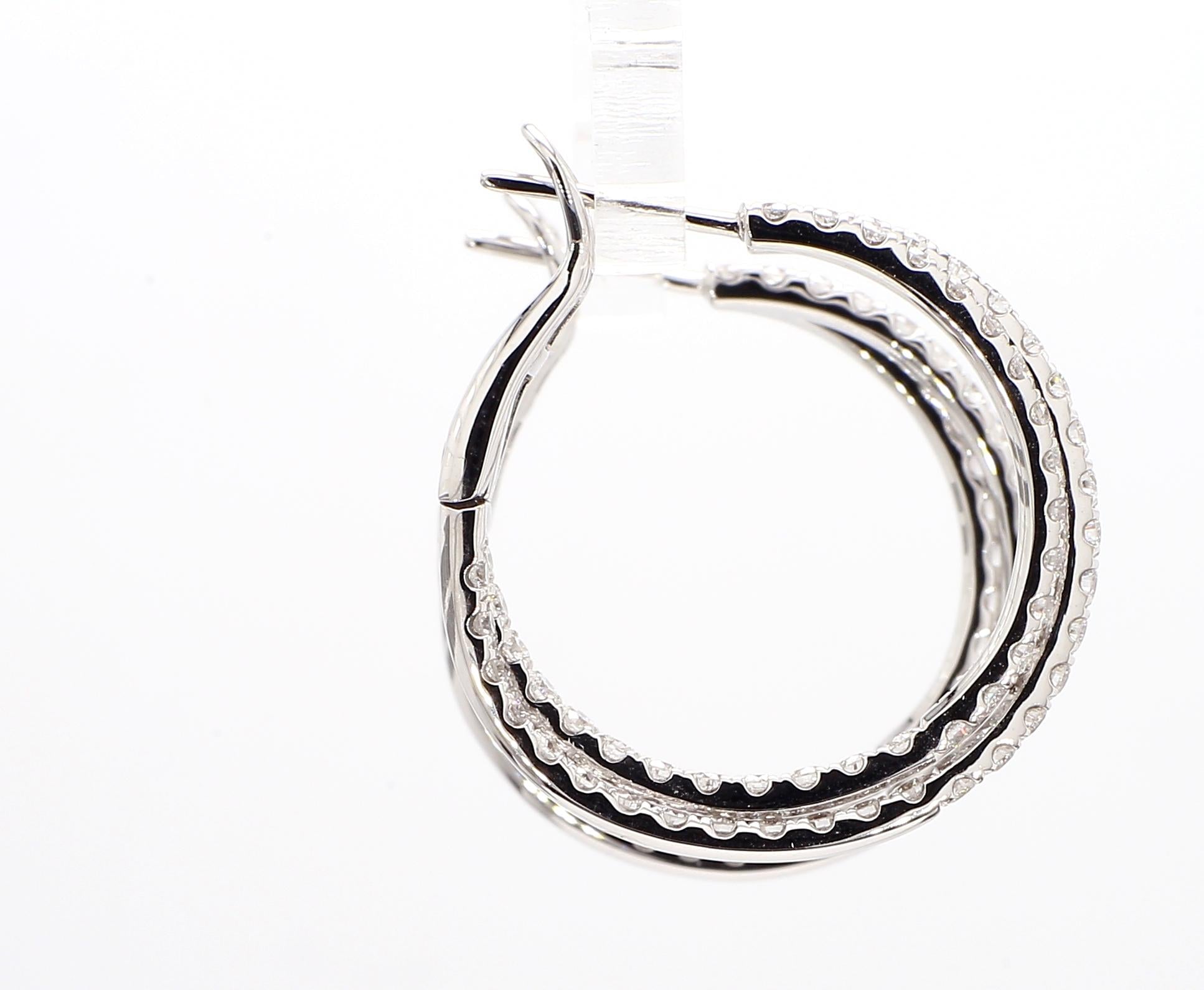 Natural White Round Diamond 2.70 Carat TW White Gold Hoop Earrings