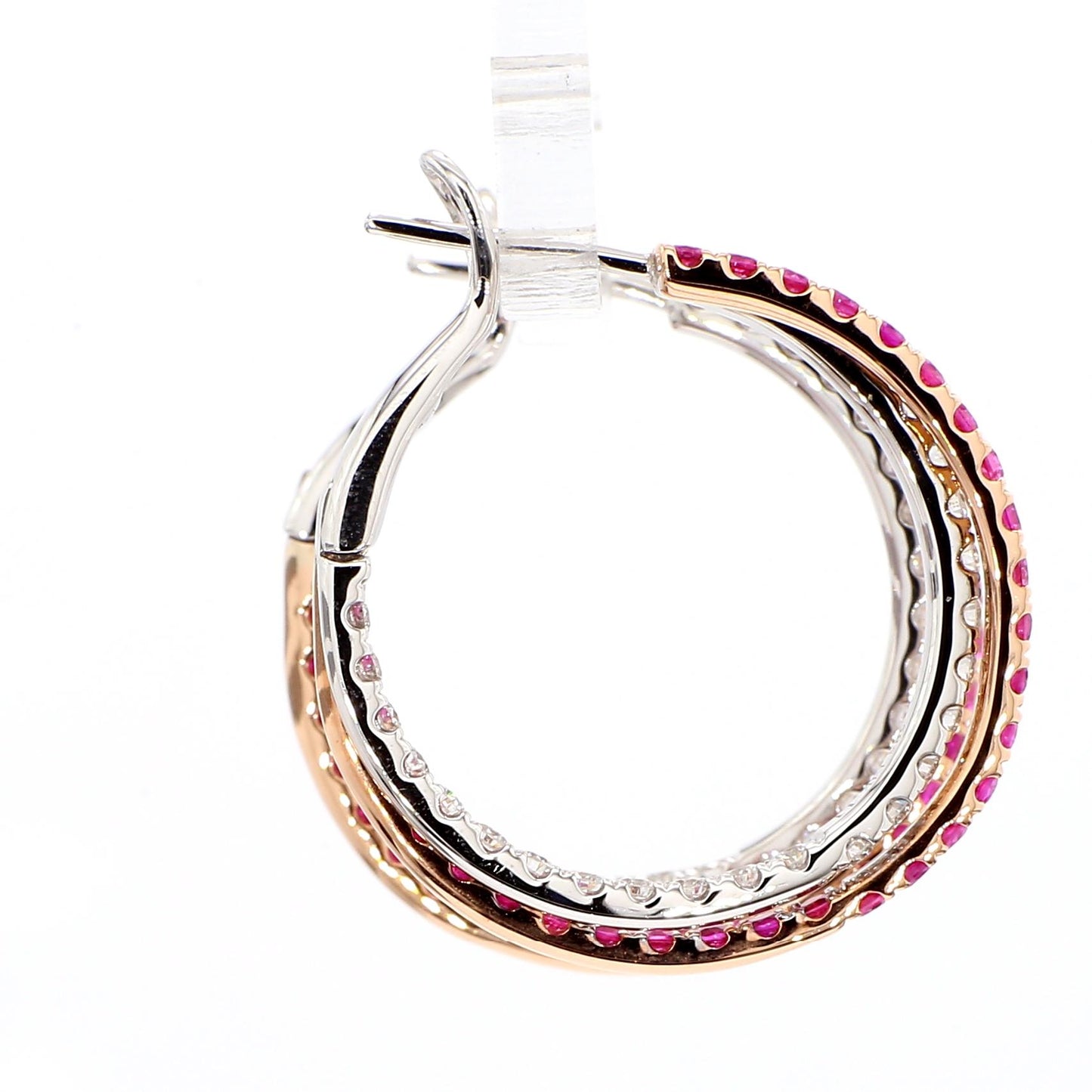 Natural Red Round Ruby and White Diamond 3.16 Carat TW Rose Gold Drop Earrings