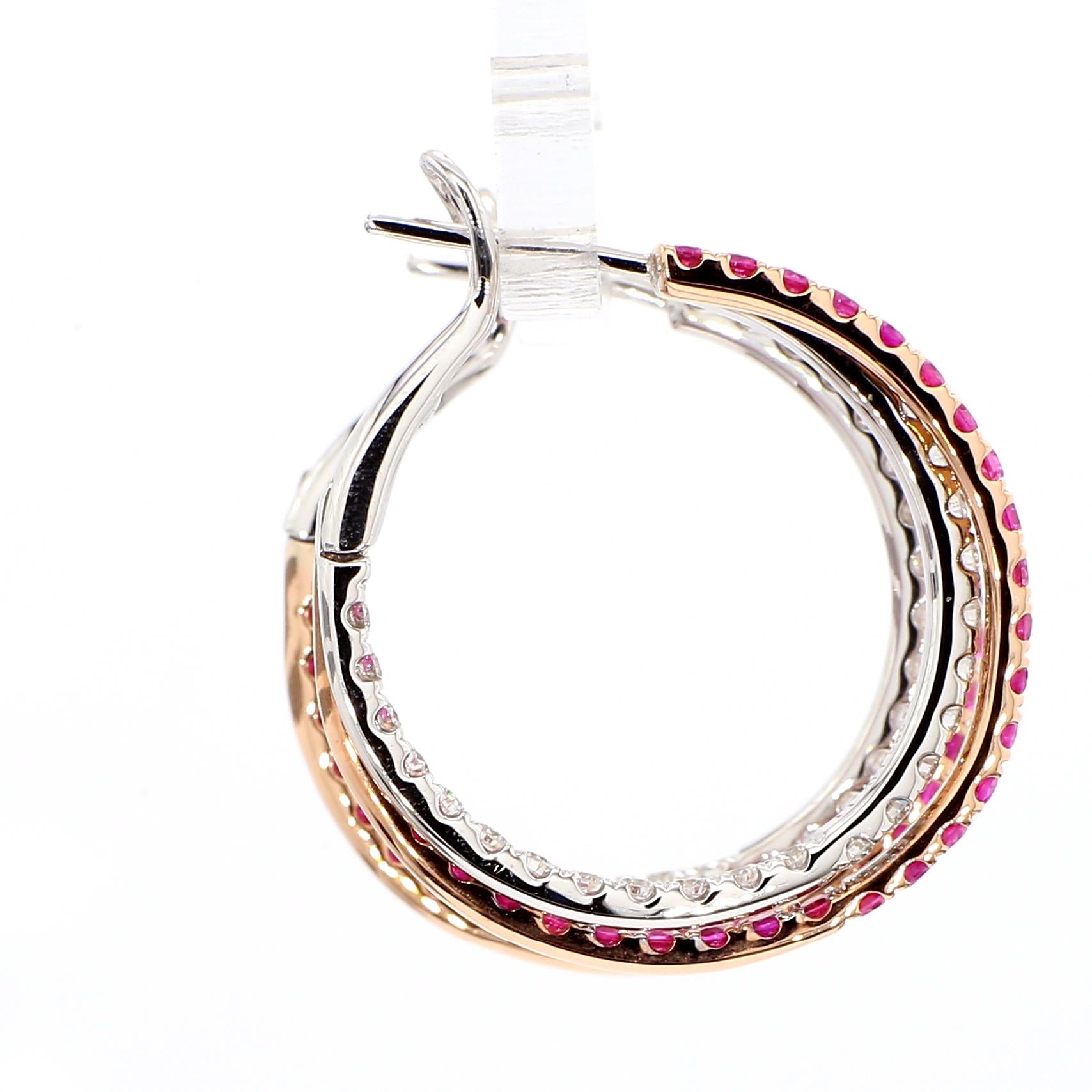 Natural Red Round Ruby and White Diamond 3.16 Carat TW Rose Gold Drop Earrings