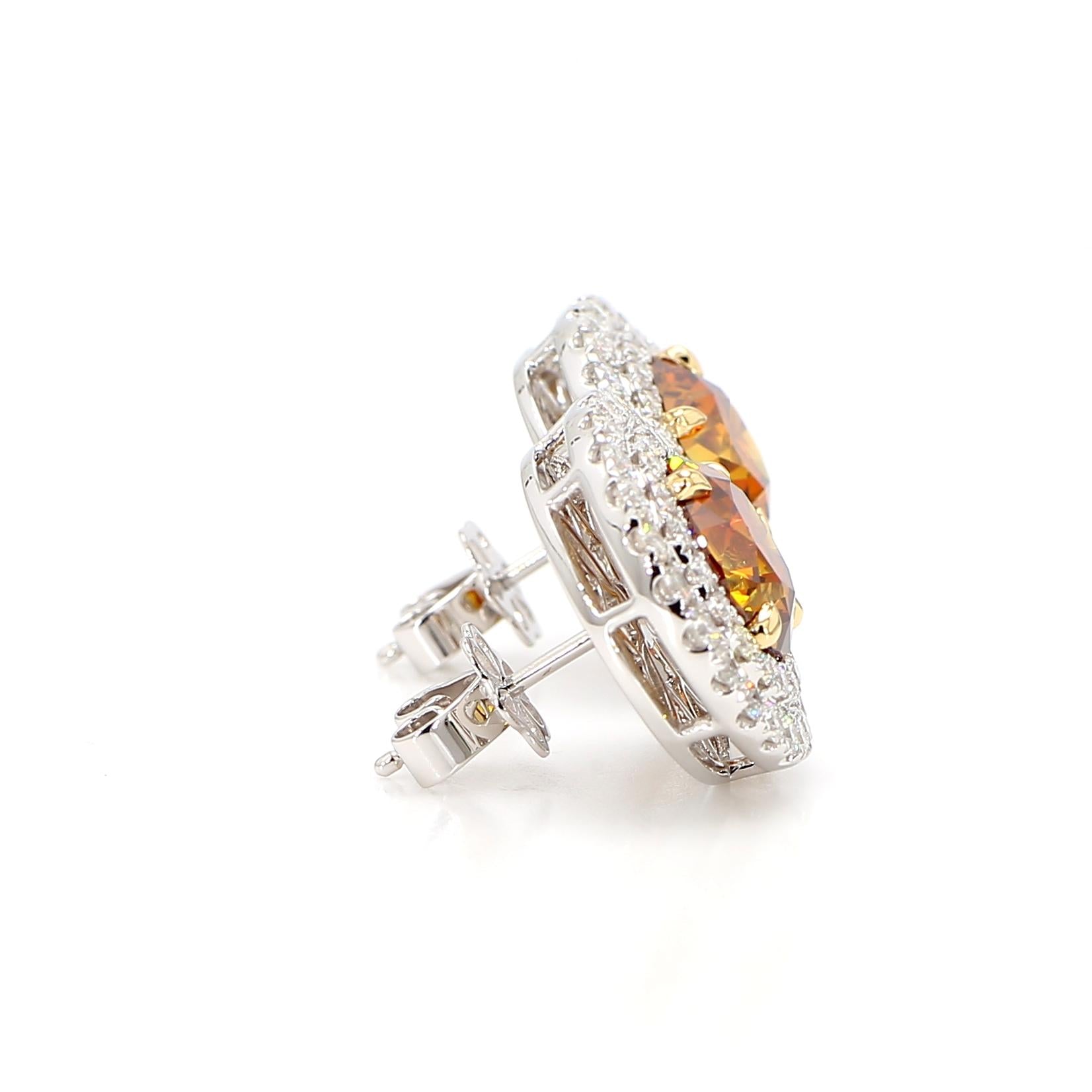 GIA Certified Fancy Deep Orange Round Diamond 6.35 Carat TW Gold Earrings