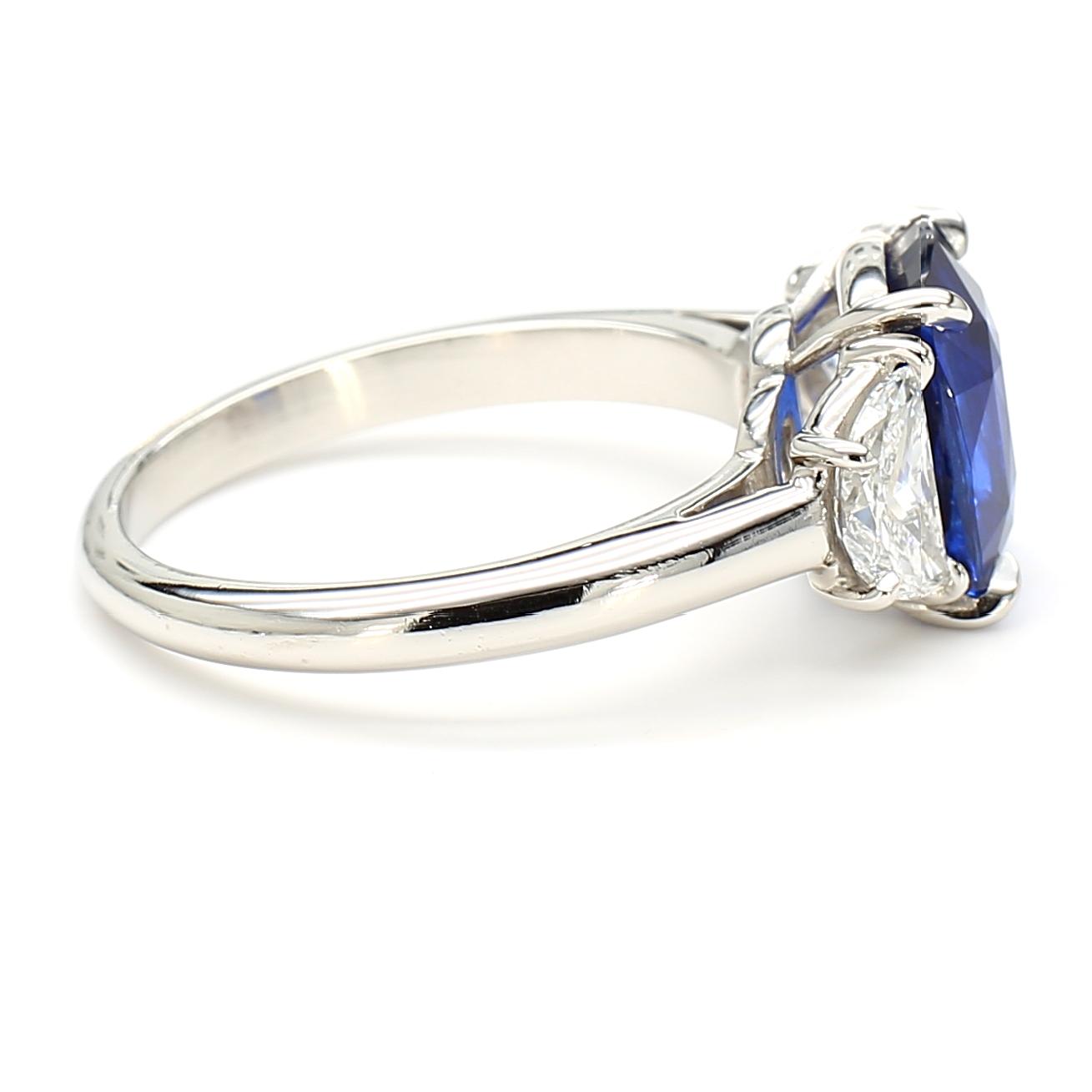 GIA Certified Blue Cushion Sapphire and White Diamond 3.70 Carat TW Plat Ring