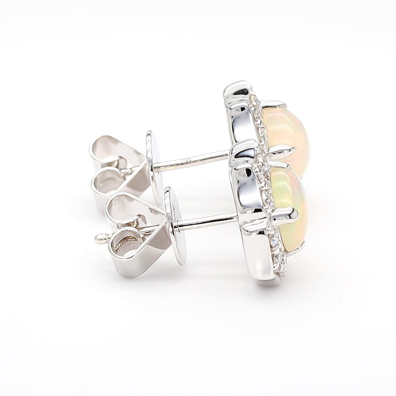 Natural Oval Opal and White Diamond 1.57 Carat TW White Gold Stud Earrings