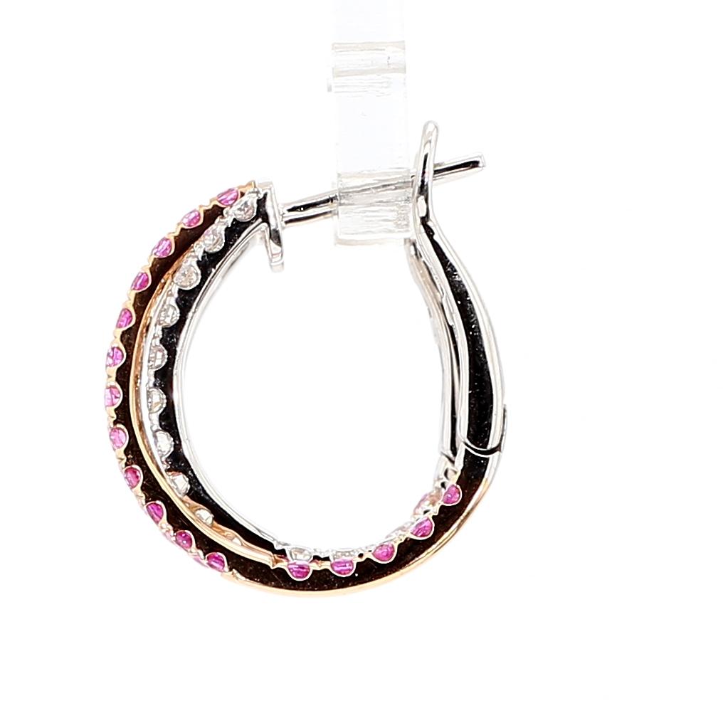 Natural Pink Round Sapphire and Diamond 1.93 Carat TW Gold Hoop Earrings