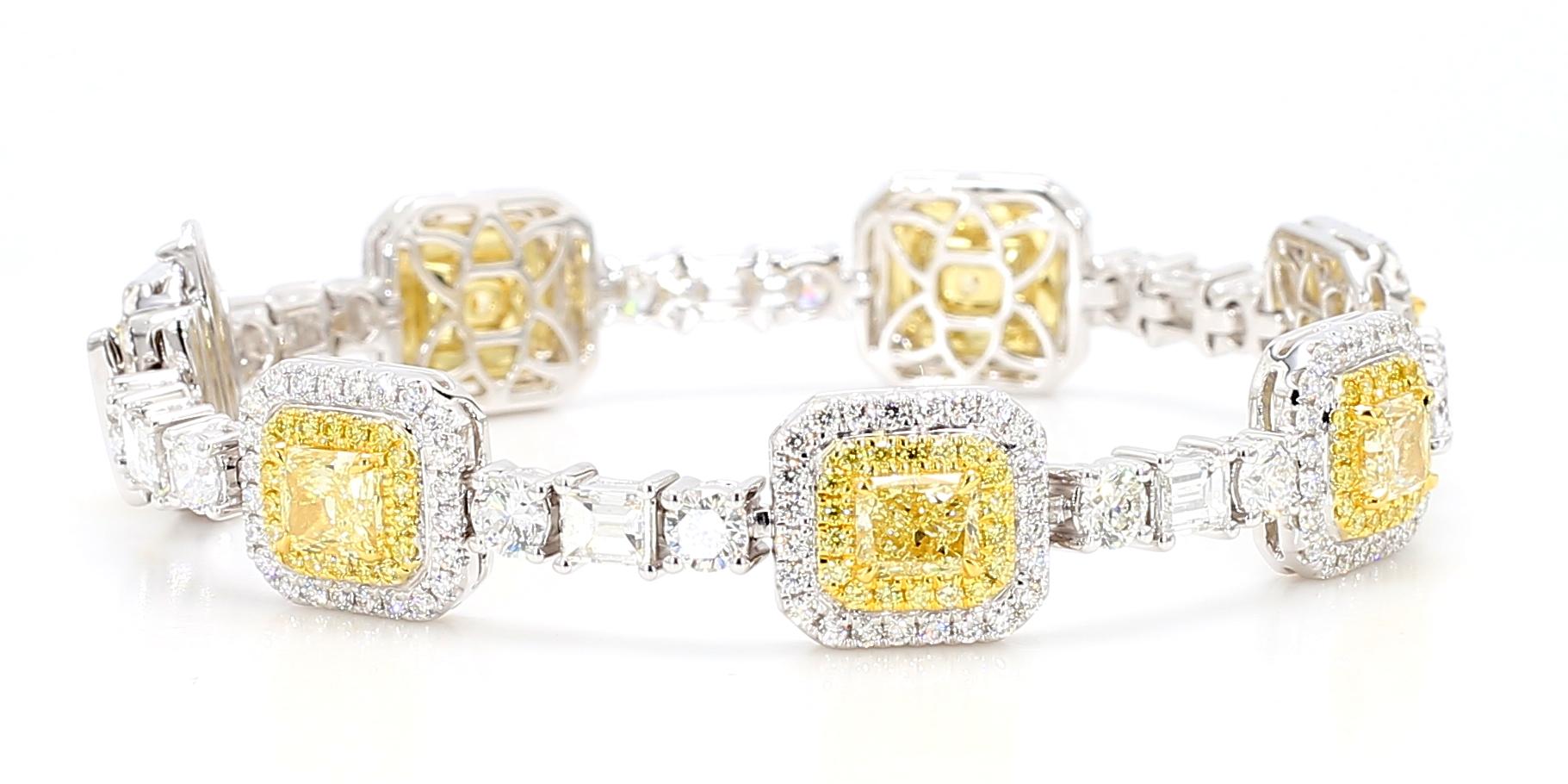 GIA Certified Natural Light Yellow Radiant Diamond 11.21 Carat TW Gold Bracelet