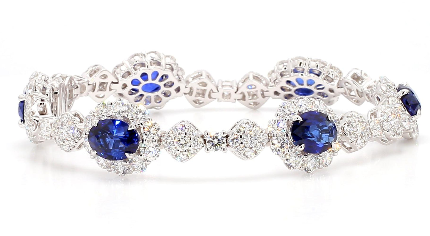 GIA Natural Blue Oval Sapphire and Diamond 21.69 Carat TW Gold Bracelet