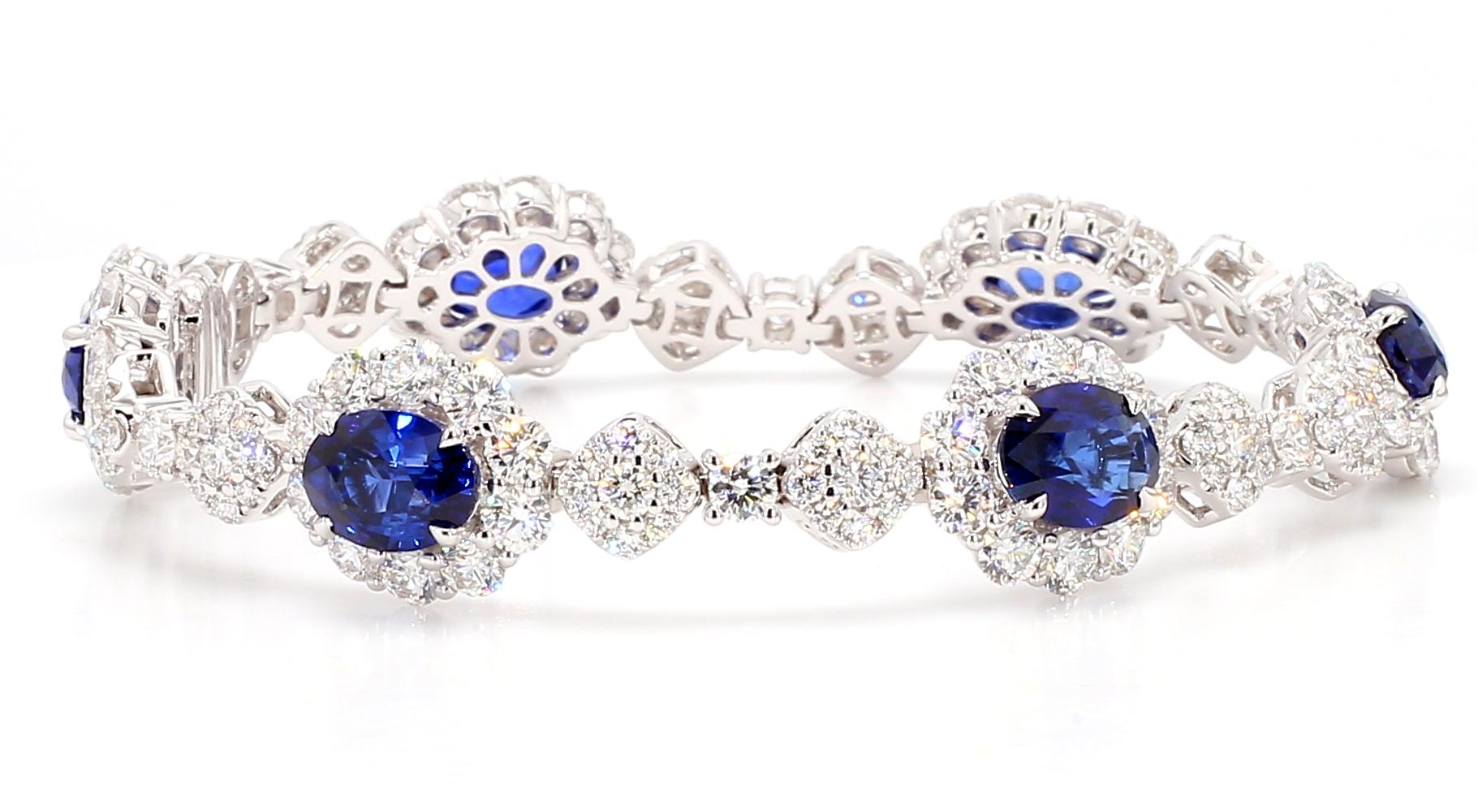 GIA Natural Blue Oval Sapphire and Diamond 21.69 Carat TW Gold Bracelet