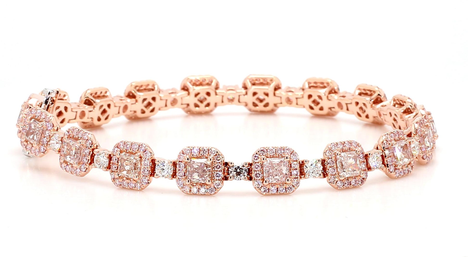 GIA Natural Fancy Light Brown-Pink Cushion Diamond 8.89 Carat TW Gold Bracelet