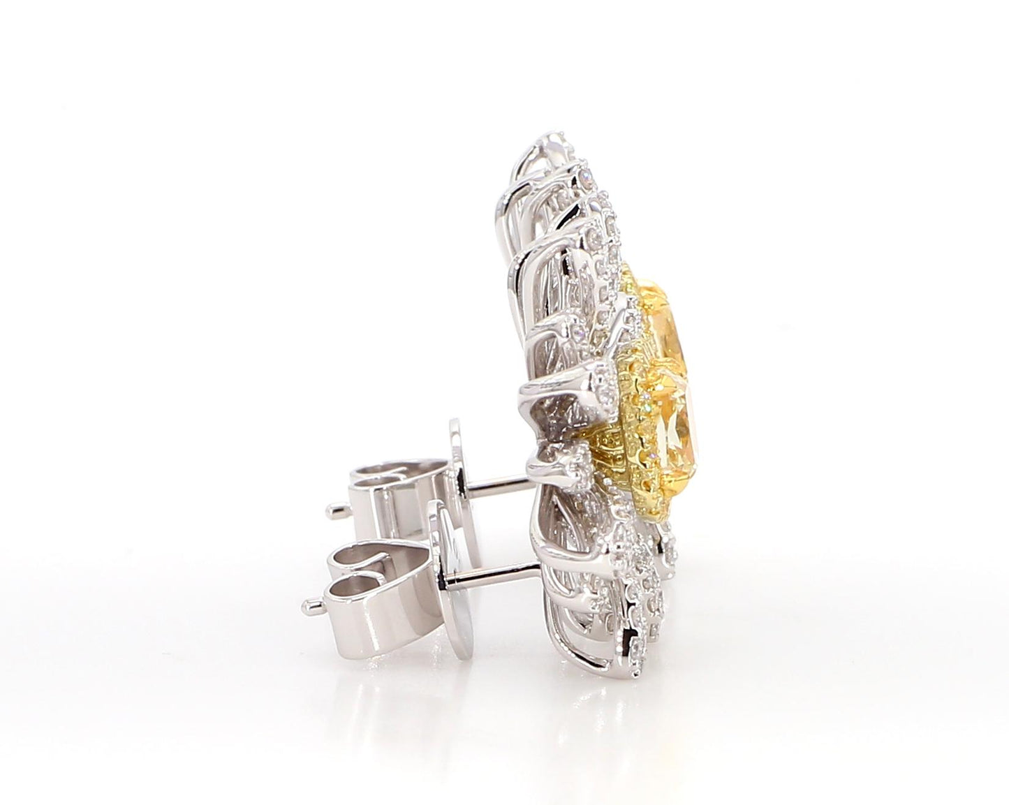 GIA Certified Natural Yellow Cushion Diamond 3.44 Carat TW Gold Stud Earrings
