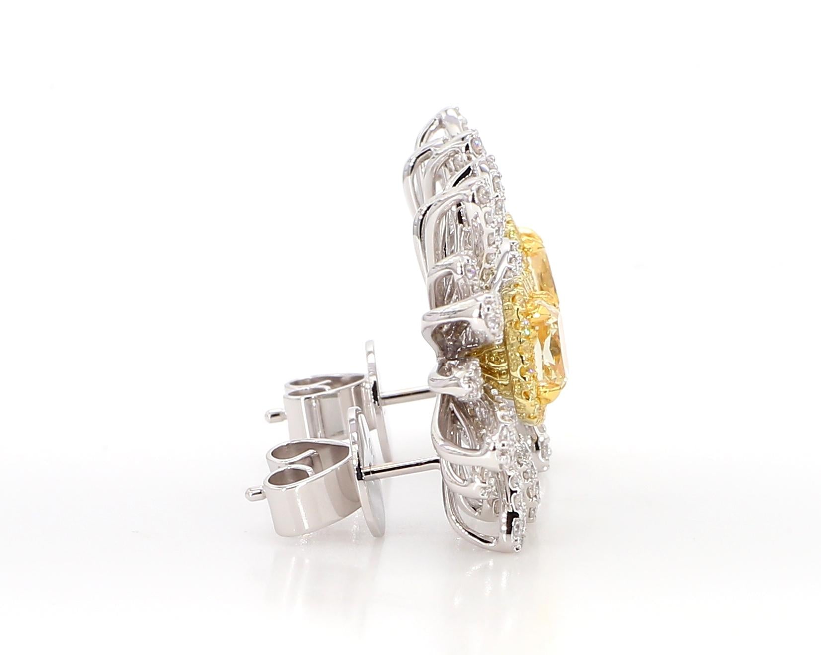 GIA Certified Natural Yellow Cushion Diamond 3.44 Carat TW Gold Stud Earrings