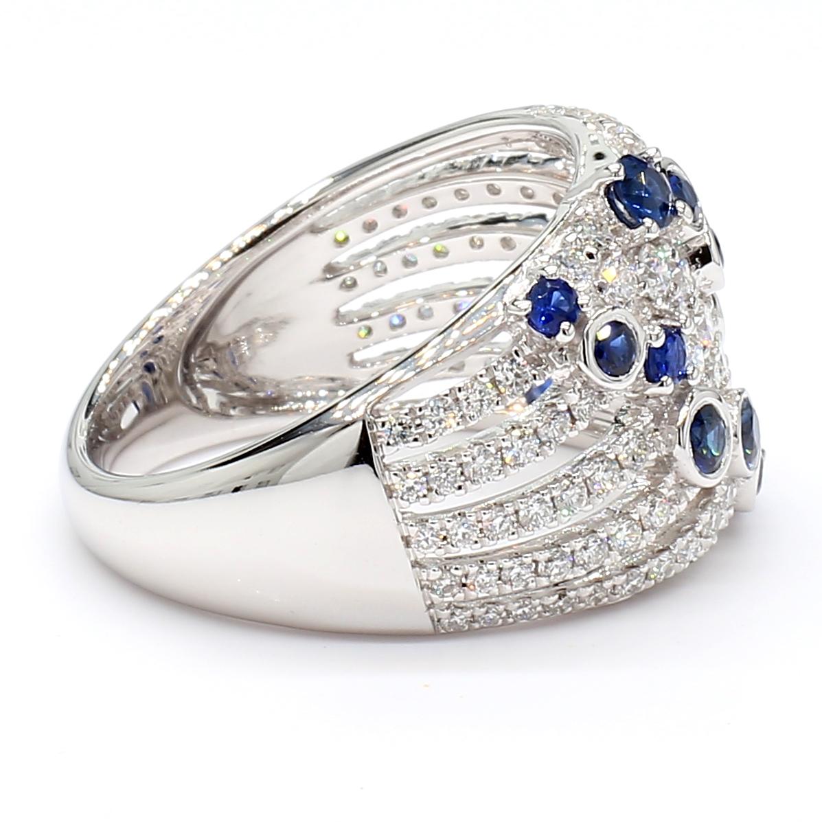 Natural Blue Round Sapphire and White Diamond 1.49 Carat TW Gold Cocktail Band