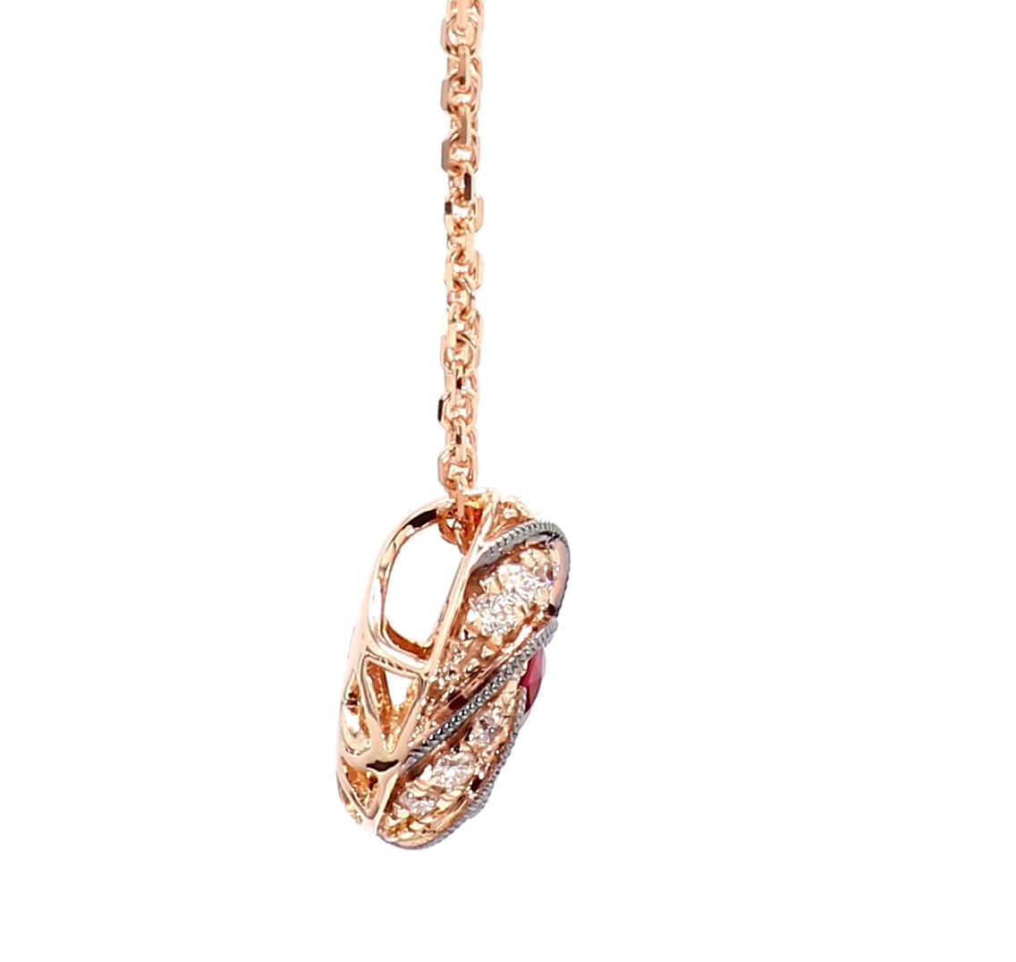 Natural Round Red Ruby and White Diamond .35 Carat TW Rose Gold Pendant