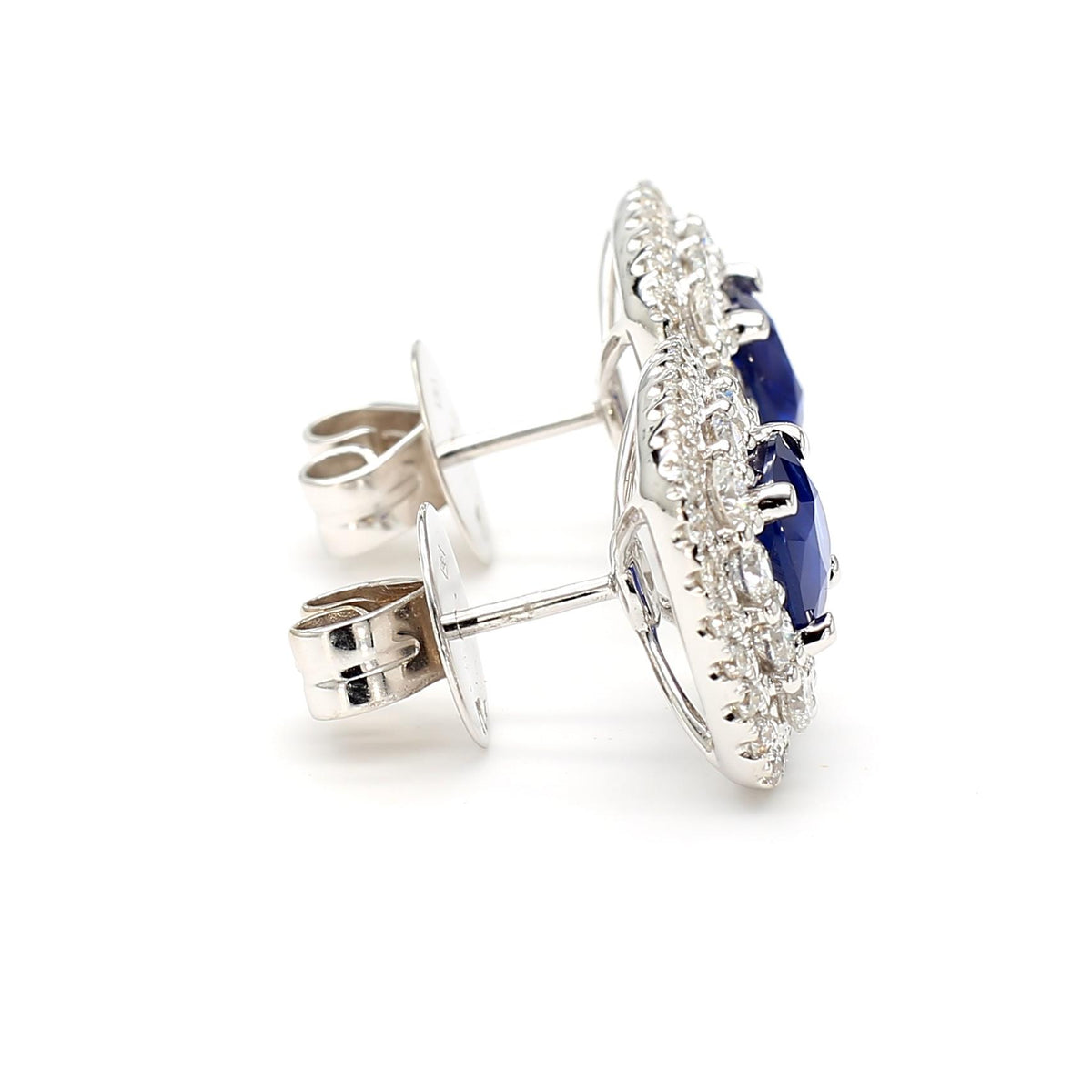 Natural Blue Cushion Sapphire and White Diamond 3.62 Carat TW Gold Stud Earrings