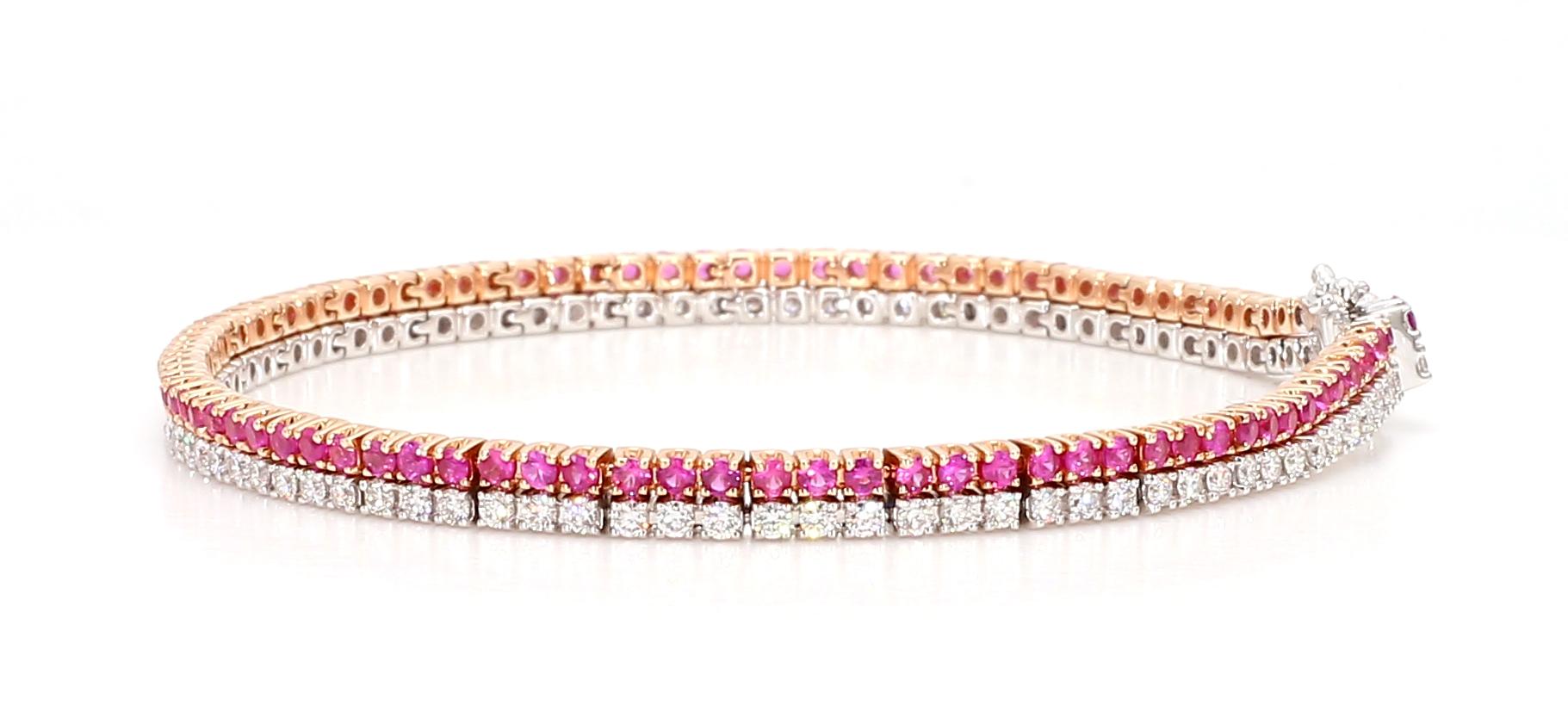 Natural Pink Round Sapphire and White Diamond 3.50 Carat TW Gold Tennis Bracelet