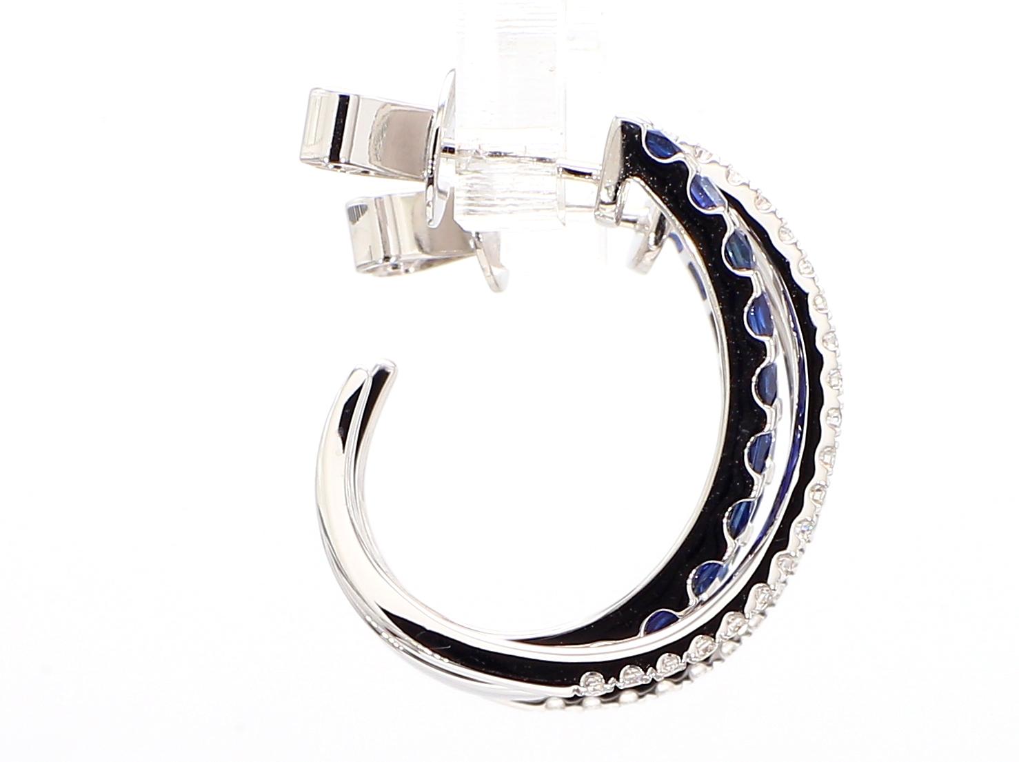 Natural Blue Princess Sapphire and Diamond 1.64 Carat TW Gold Hoop Earrings