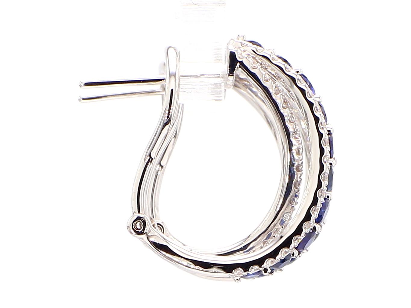 Natural Blue Round Sapphire and Diamond 2.13 Carat TW Gold Hoop Earrings