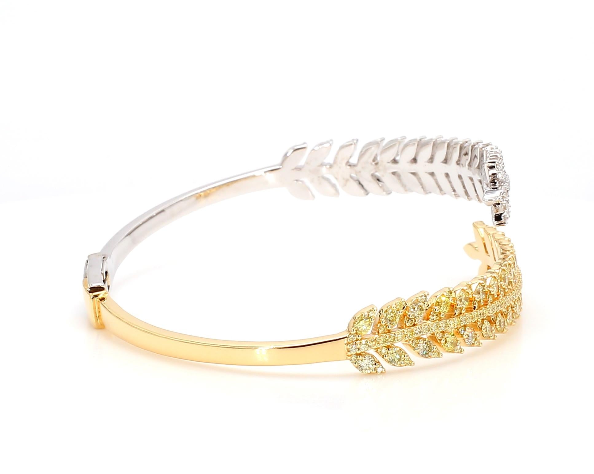 Natural Yellow Round and White Diamond 3.20 Carat TW Gold Cuff Bracelet