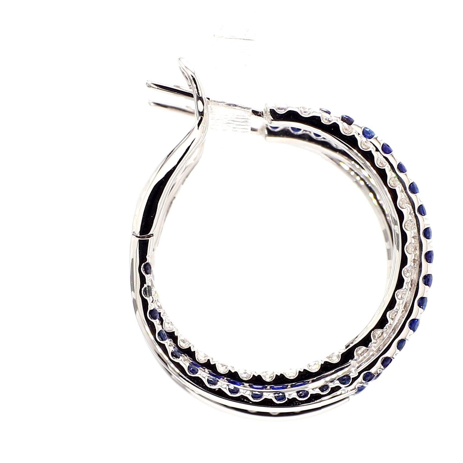 Natural Blue Round Sapphire and Diamond 3.09 Carat TW Gold Hoop Earrings