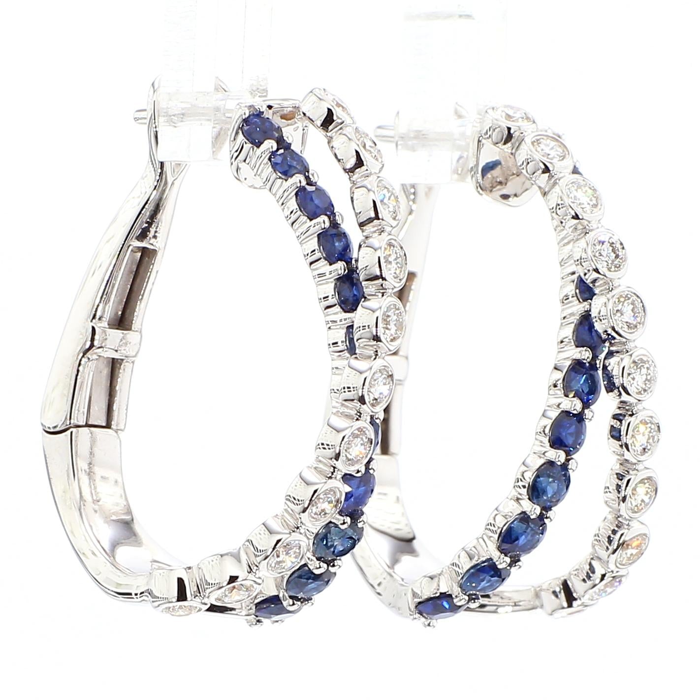 Natural Blue Round Sapphire and Diamond 2.01 Carat TW Gold Hoop Earrings