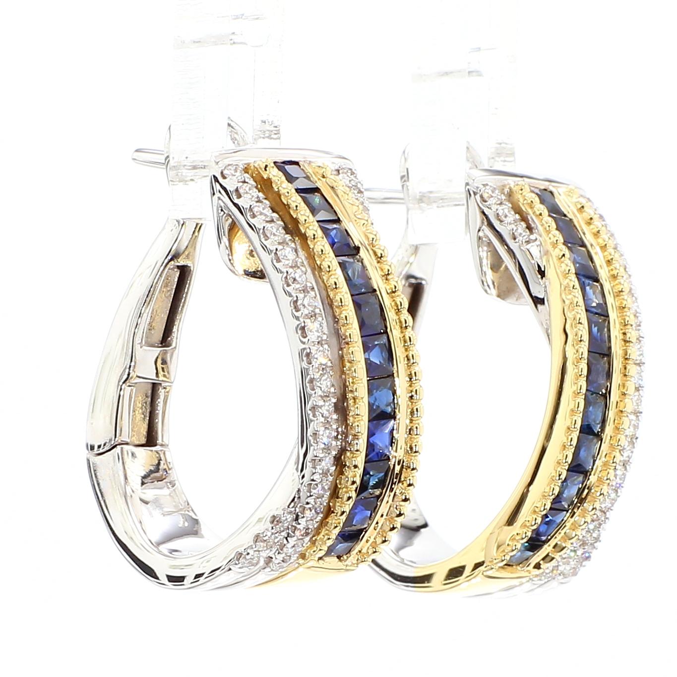 Natural Blue Princess Sapphire and Diamond 1.61 Carat TW Gold Hoop Earrings