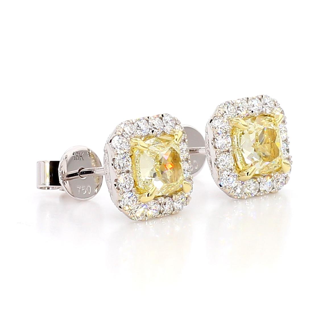 GIA Certified Natural Yellow Cushion Diamond 2.21 Carat TW Gold Stud Earrings