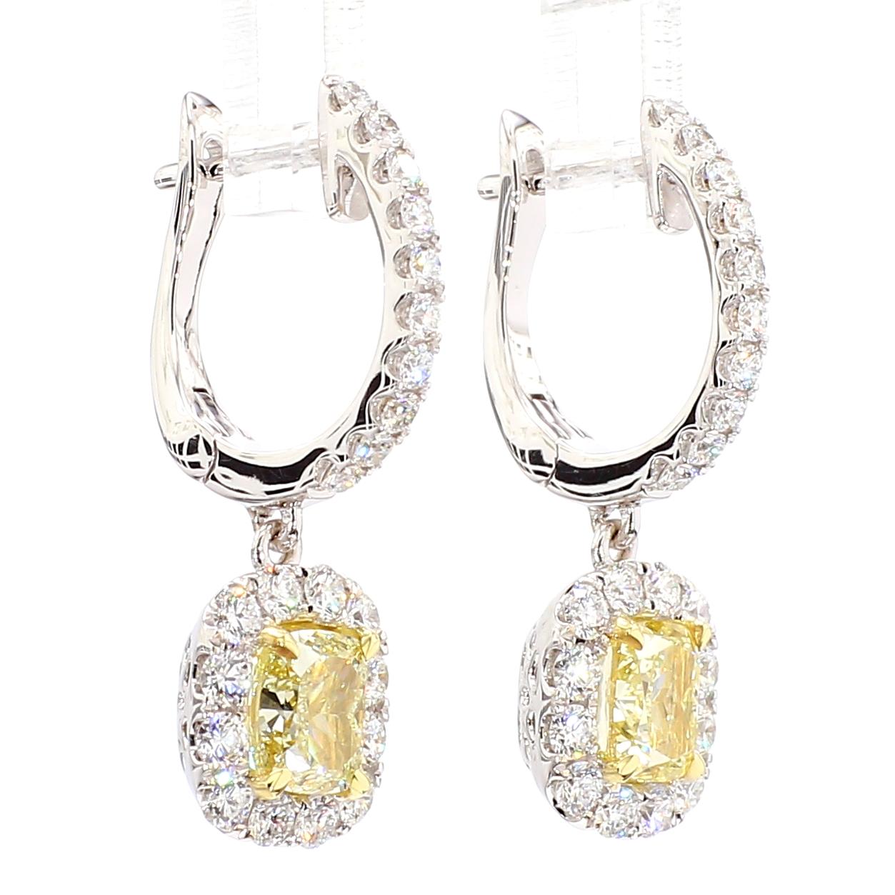 GIA Certified Natural Yellow Cushion Diamond 3.16 Carat TW Gold Drop Earrings