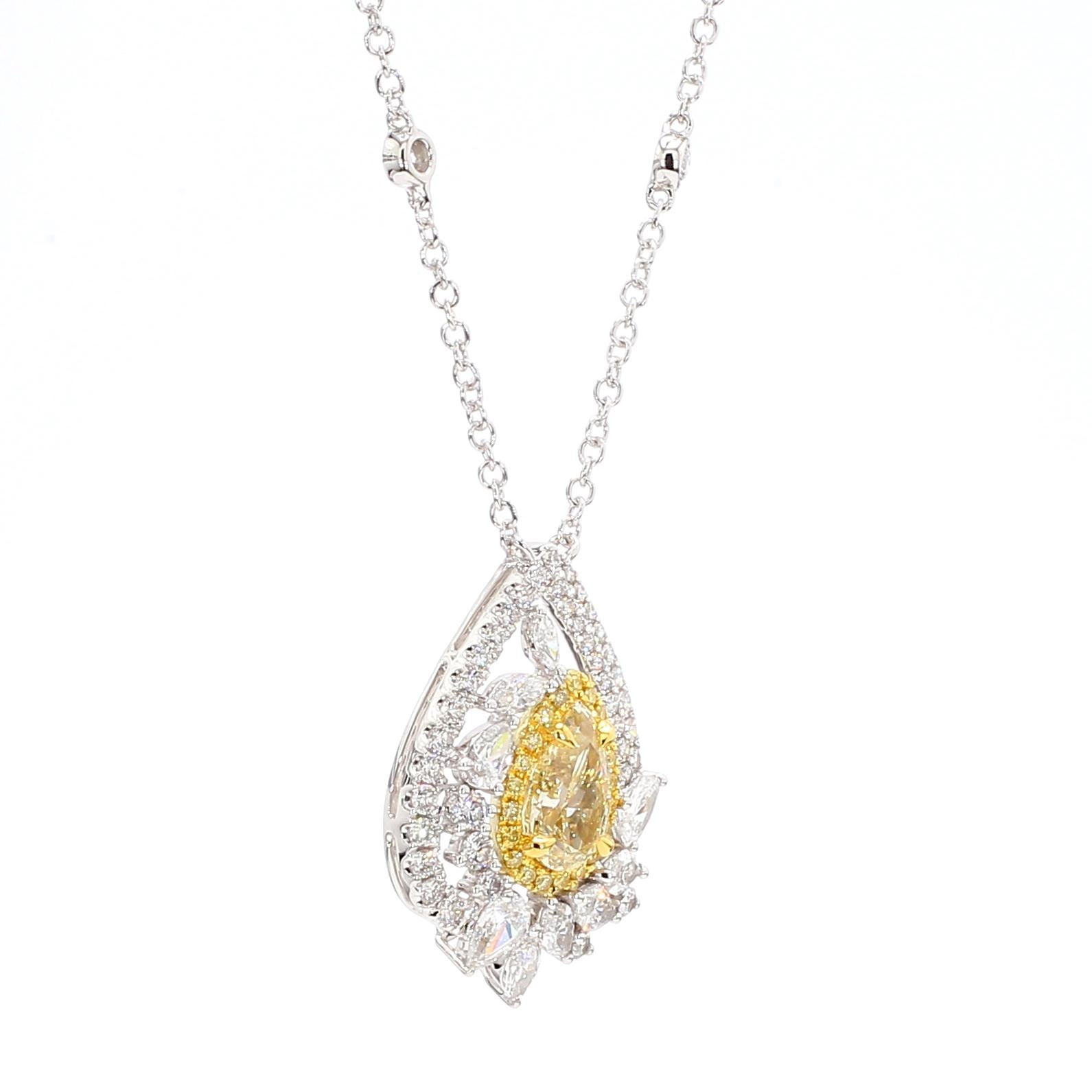 GIA Certified Natural Yellow Pear Diamond 3.16 Carat TW Gold Drop Pendant