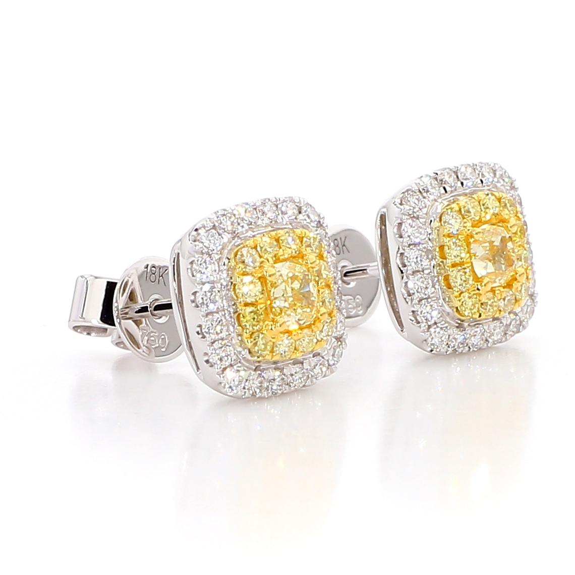 Natural Yellow Cushion Diamond 0.84 Carat TW Gold Stud Earrings