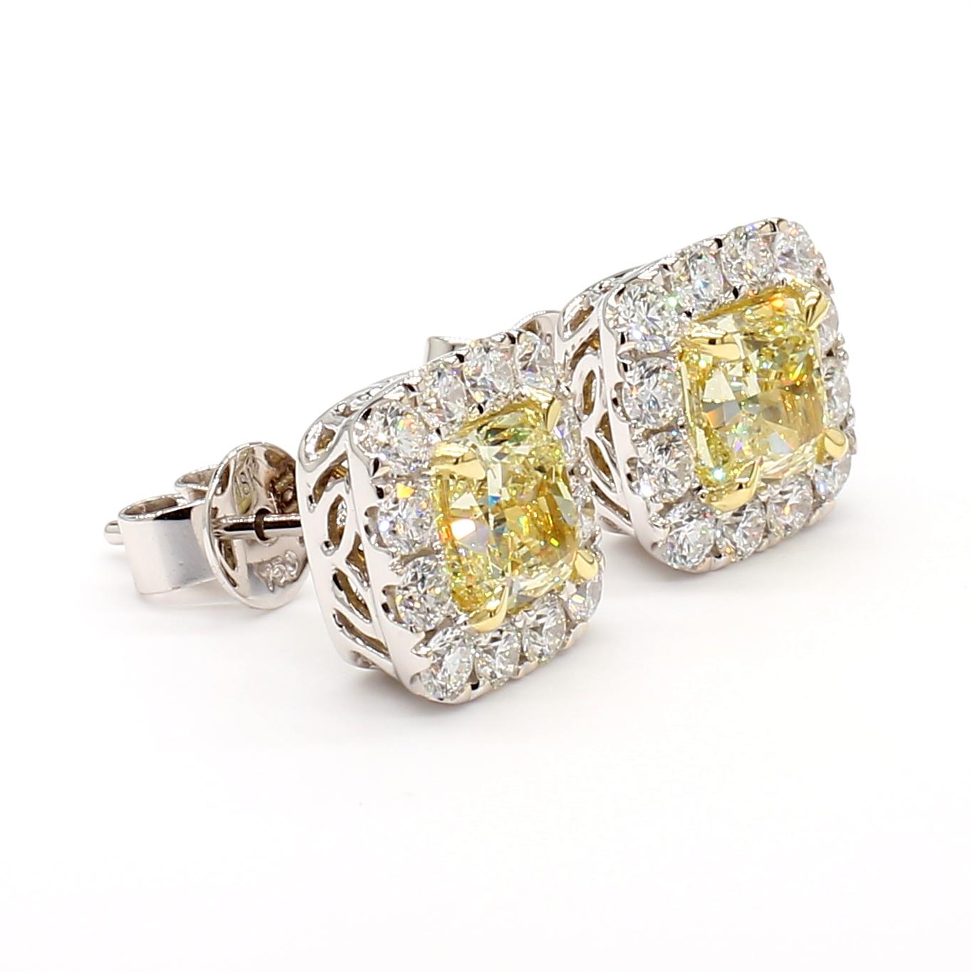 GIA Certified Natural Yellow Cushion Diamond 2.93 Carat TW Gold Stud Earrings