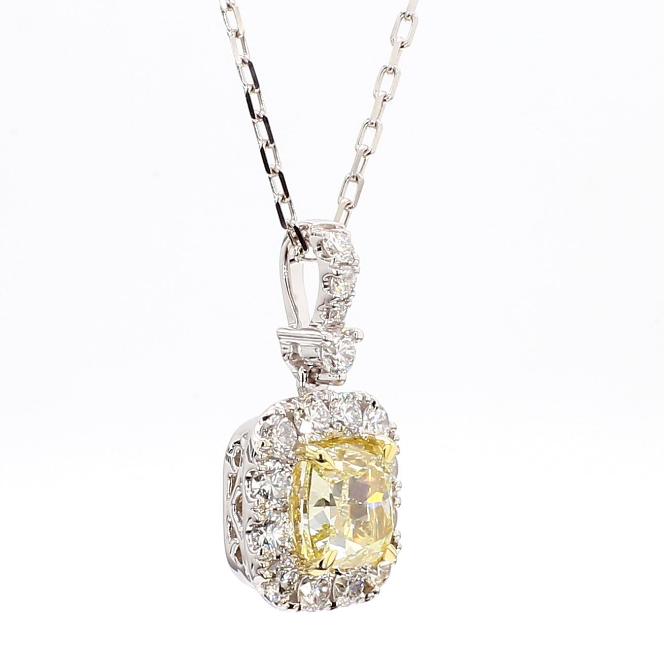 GIA Certified Natural Yellow Cushion Diamond 2.18 Carat TW Gold Drop Pendant