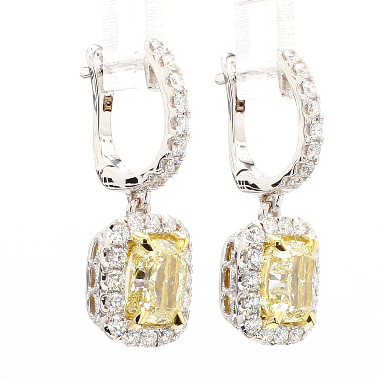 GIA Certified Natural Yellow Cushion Diamond 4.07 Carat TW Gold Drop Earrings