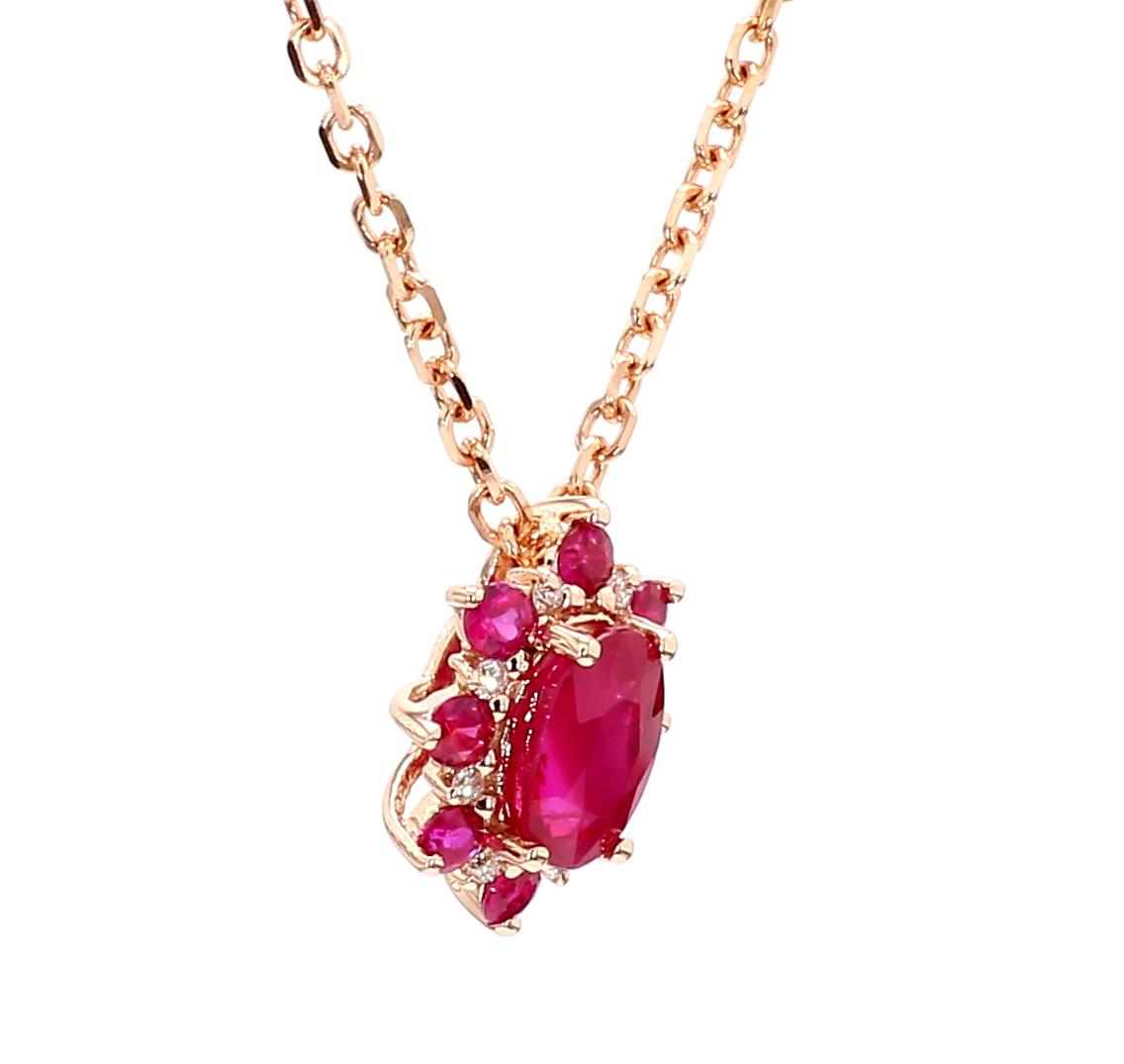 Natural Oval Red Ruby and White Diamond .83 Carat TW Rose Gold Pendant