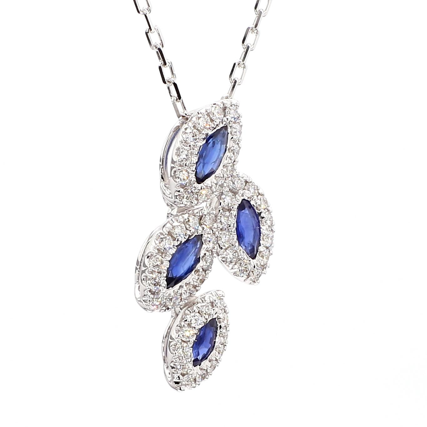 Natural Blue Marquise Sapphire and White Diamond .99 Carat TW White Gold Pendant