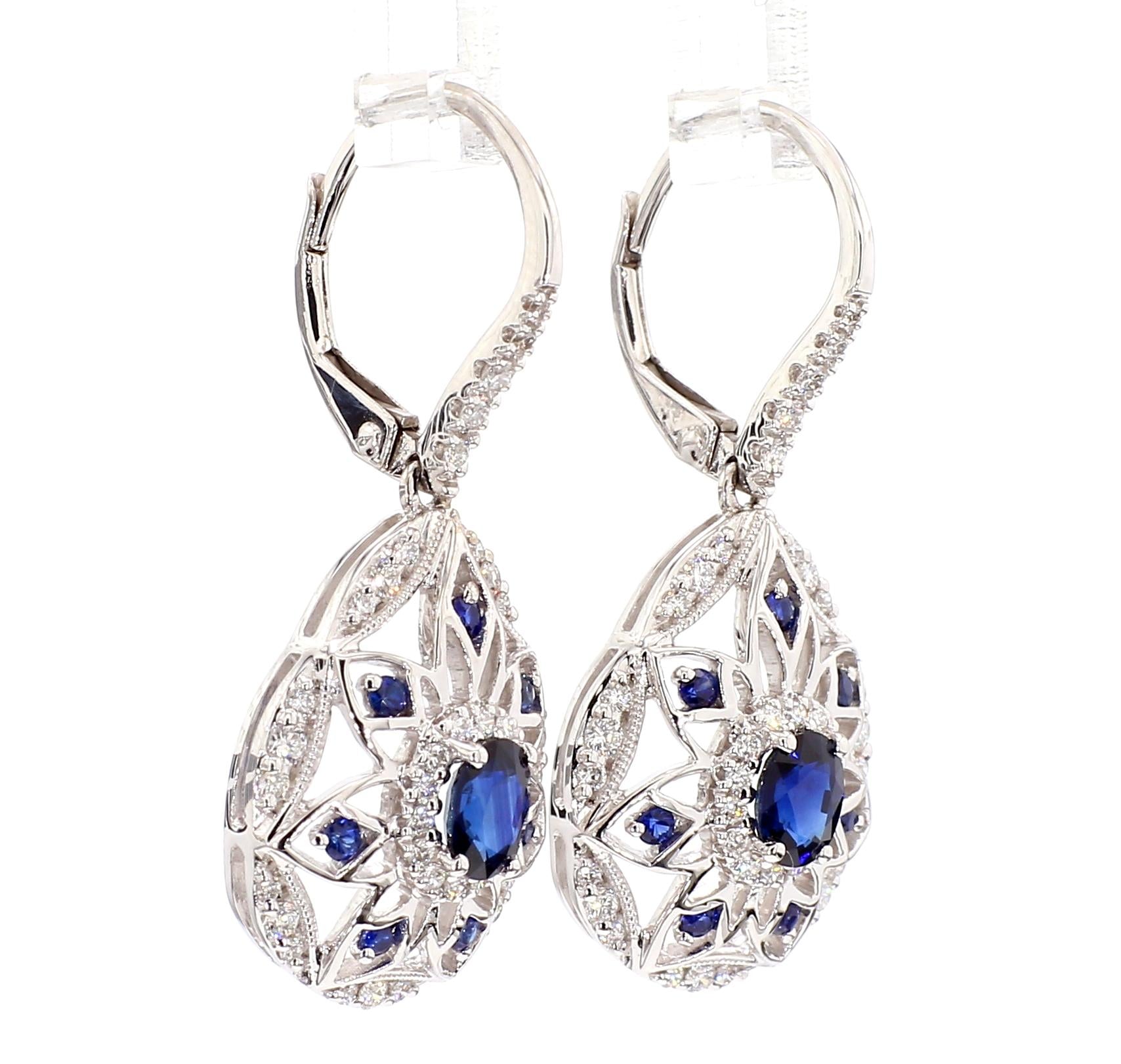 Natural Blue Oval Sapphire and White Diamond 1.67 Carat TW Gold Drop Earrings