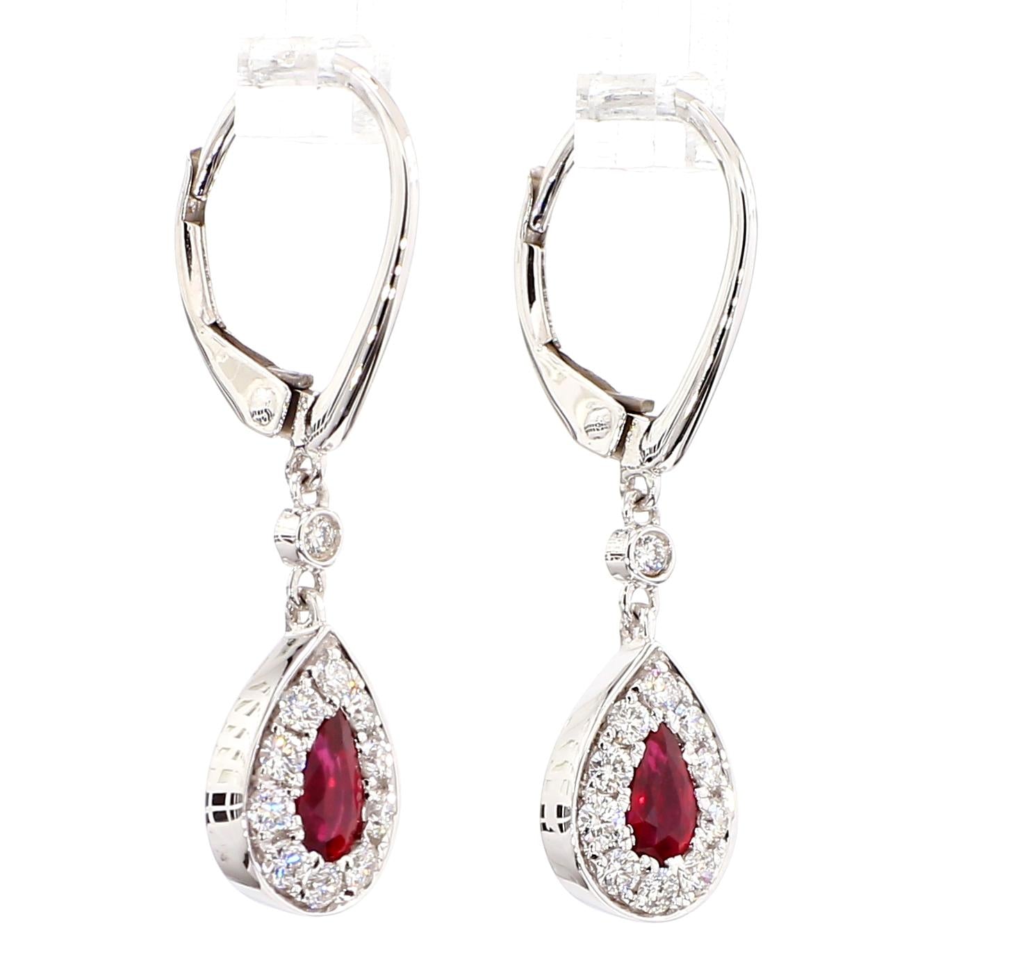 Natural Red Pear Ruby and White Diamond 0.82 Carat TW Gold Drop Earrings