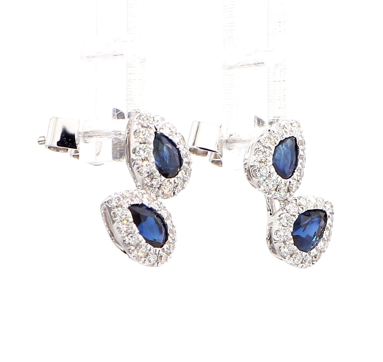 Natural Blue Pear Sapphire and White Diamond 1.33 Carat TW Gold Stud Earrings